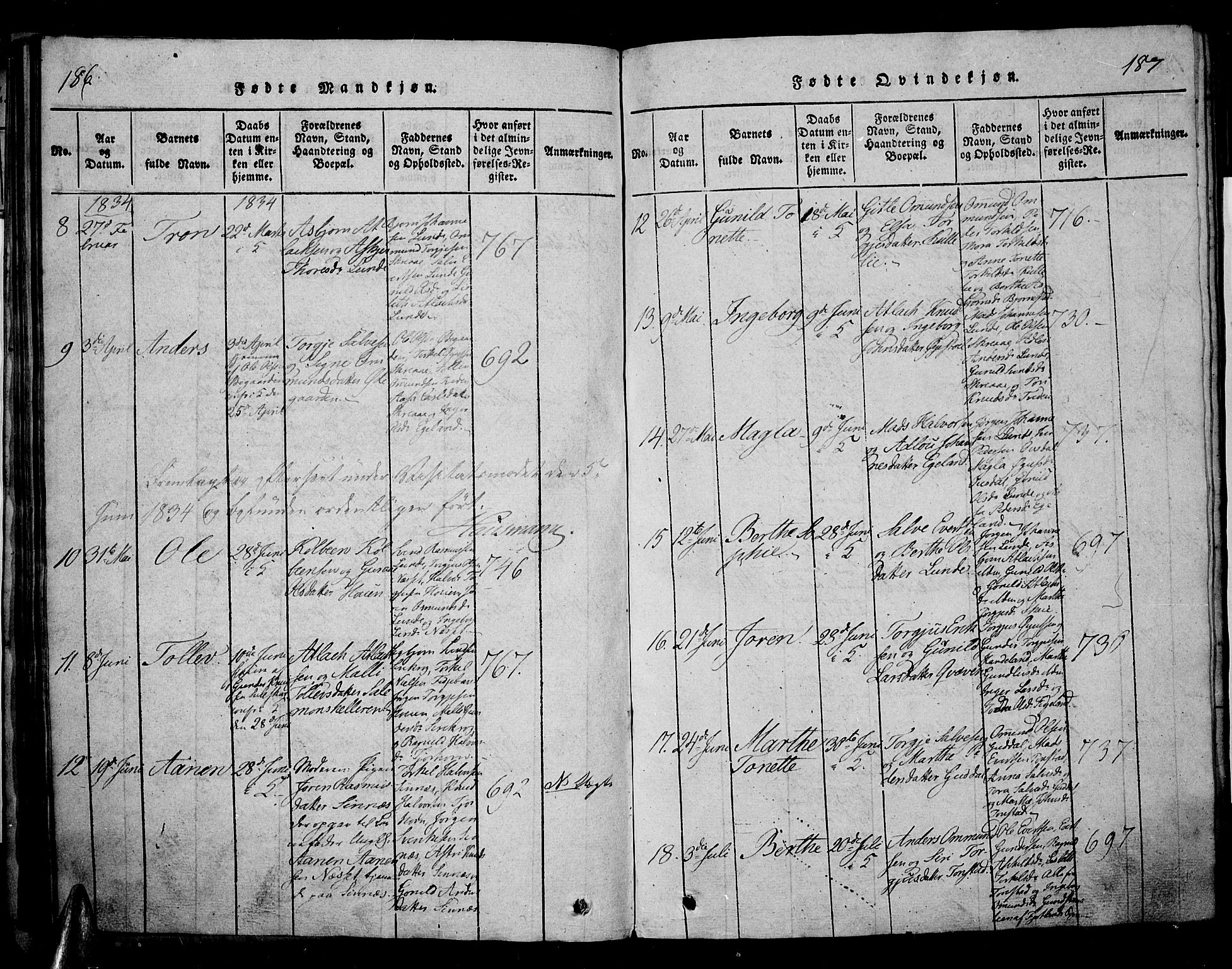 Sirdal sokneprestkontor, AV/SAK-1111-0036/F/Fa/Fab/L0001: Parish register (official) no. A 1, 1815-1834, p. 186-187