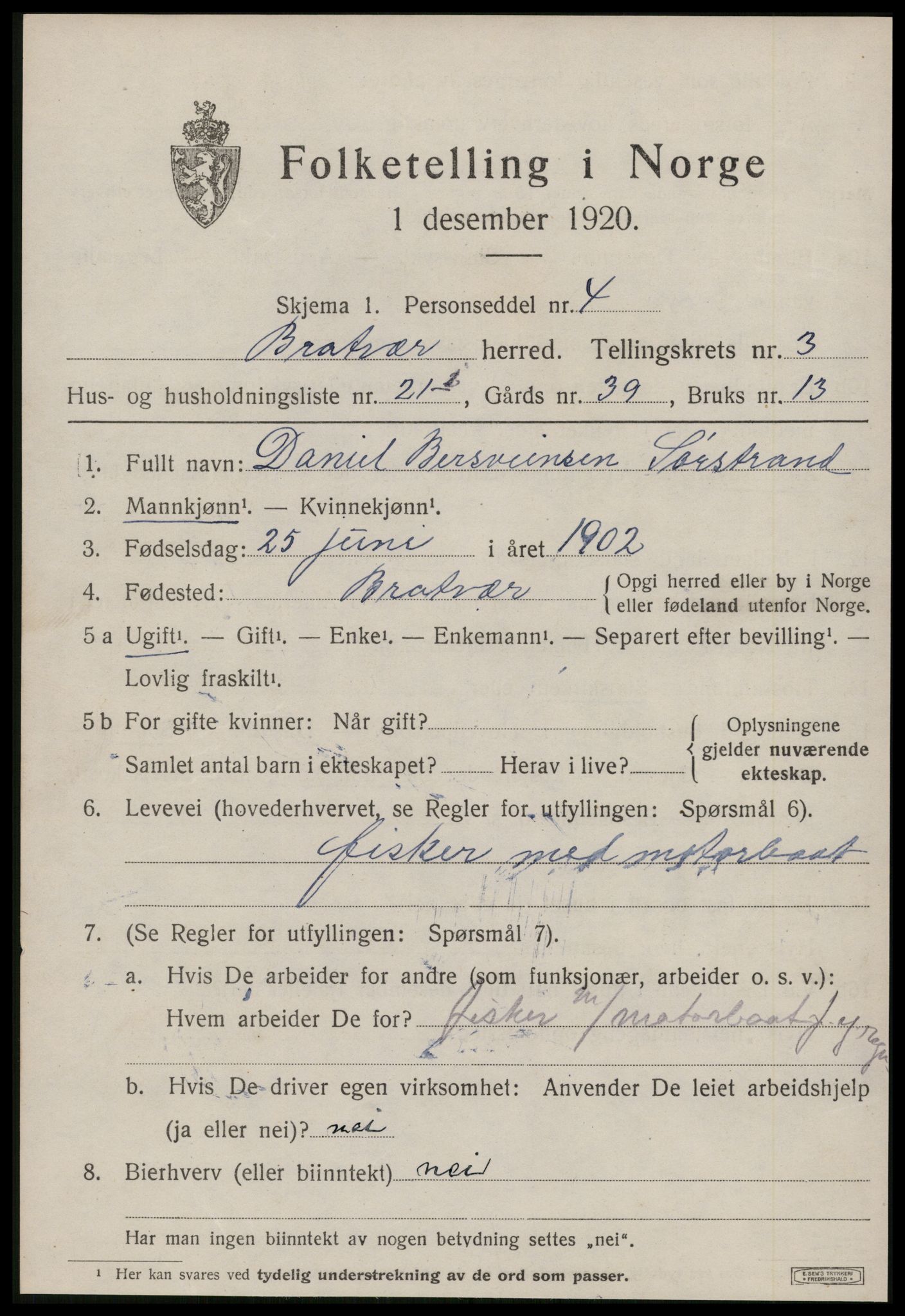 SAT, 1920 census for Brattvær, 1920, p. 1422
