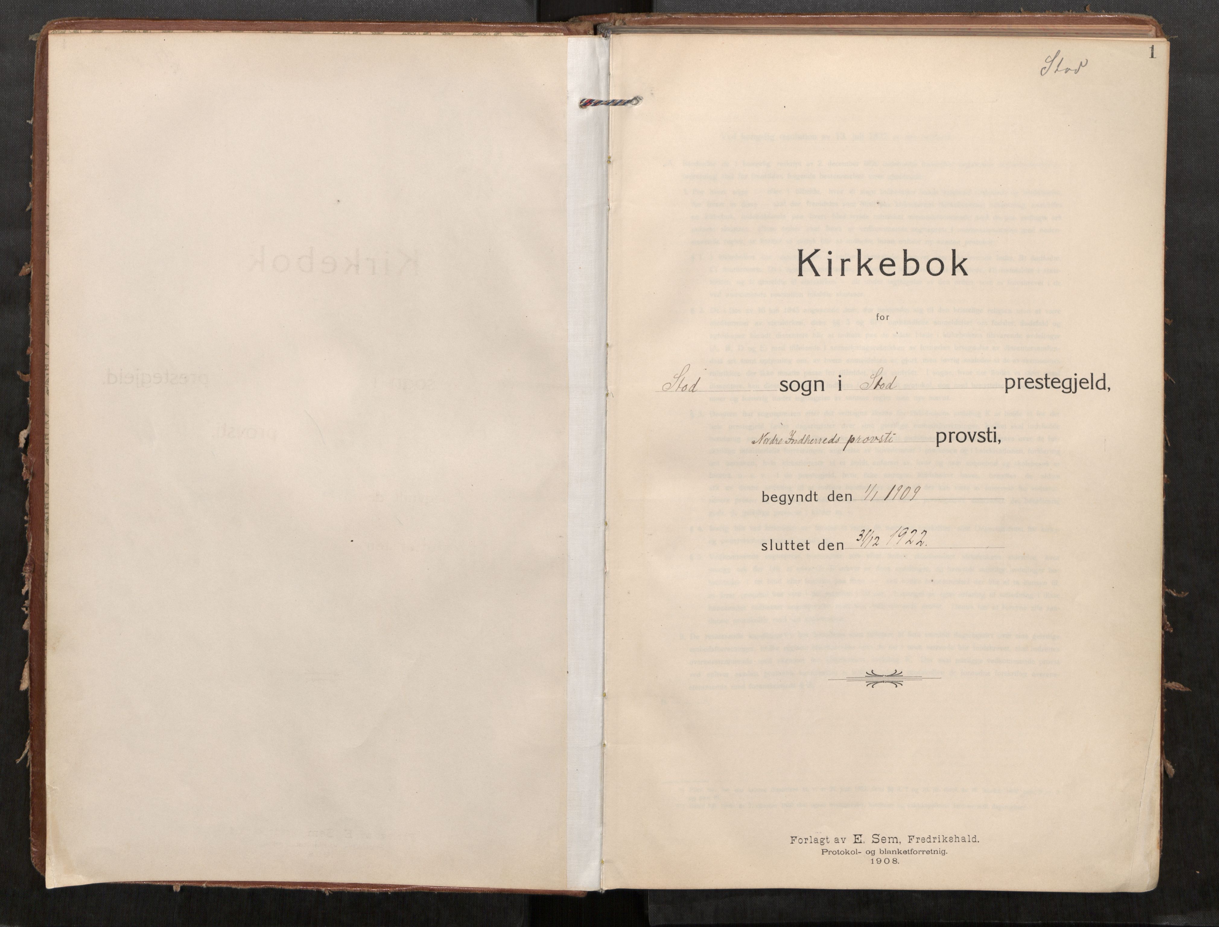 Stod sokneprestkontor, AV/SAT-A-1164/1/I/I1/I1a/L0002: Parish register (official) no. 2, 1909-1922, p. 1