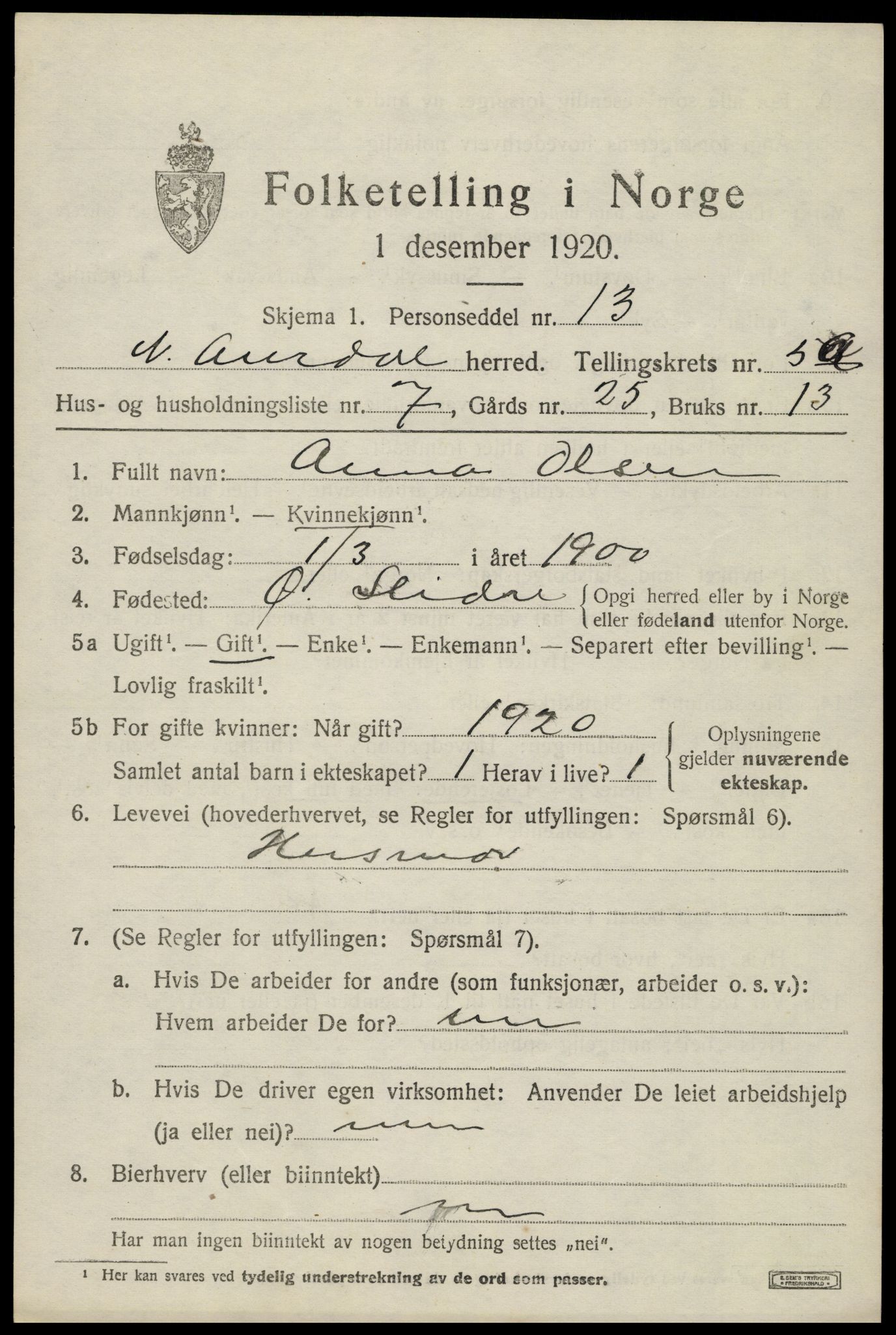 SAH, 1920 census for Nord-Aurdal, 1920, p. 4764