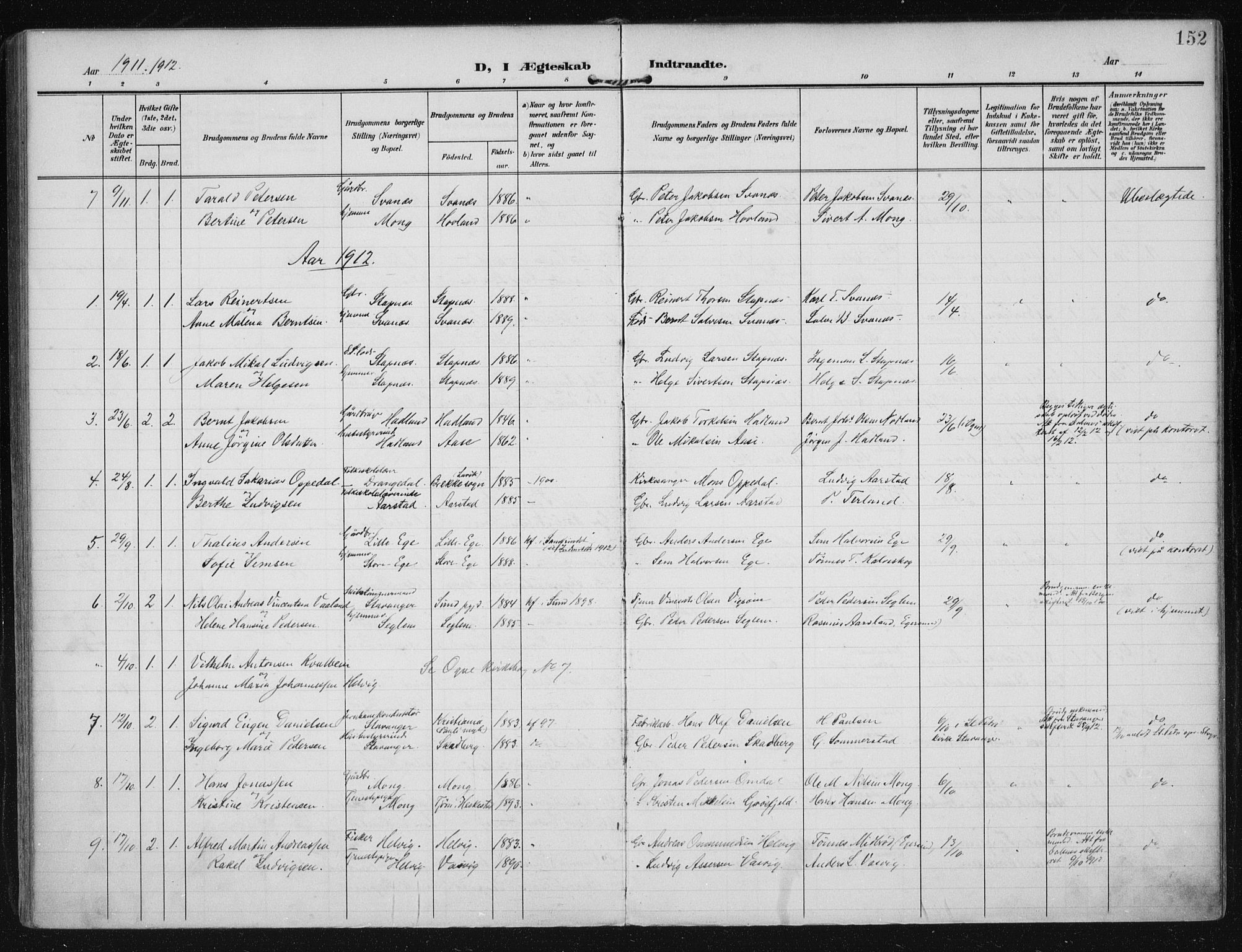 Eigersund sokneprestkontor, AV/SAST-A-101807/001/30/30BA/L0021: Parish register (official) no. A 20, 1906-1928, p. 152