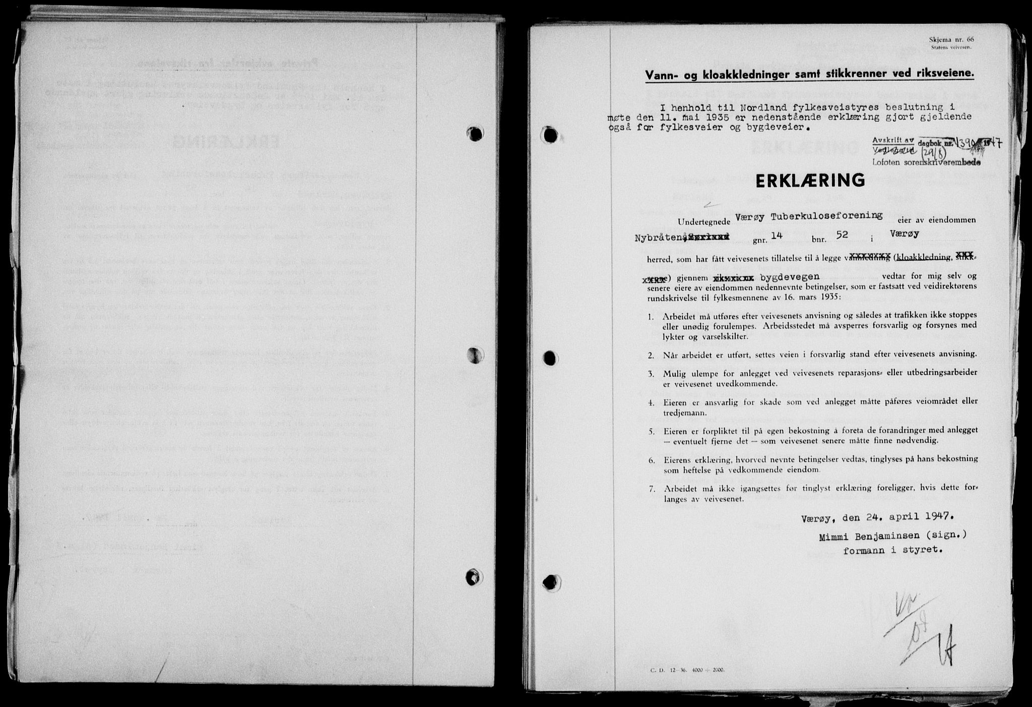 Lofoten sorenskriveri, SAT/A-0017/1/2/2C/L0016a: Mortgage book no. 16a, 1947-1947, Diary no: : 1390/1947