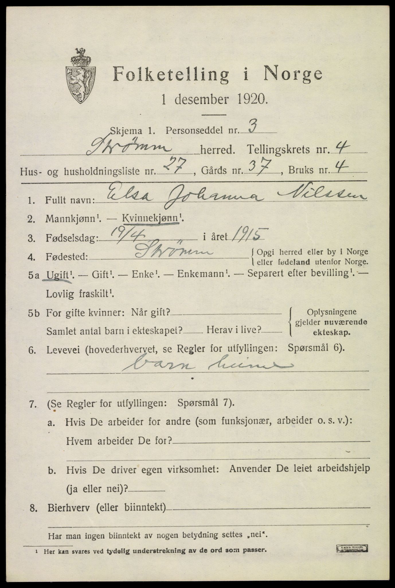 SAKO, 1920 census for Strømm, 1920, p. 3427