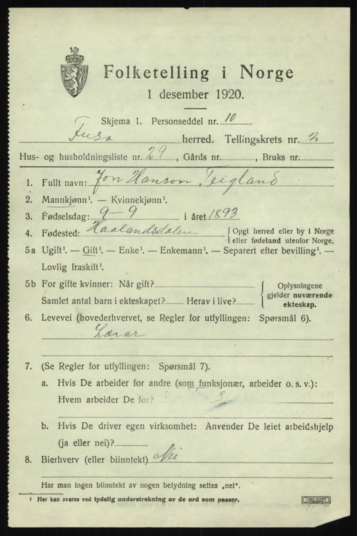 SAB, 1920 census for Fusa, 1920, p. 1297