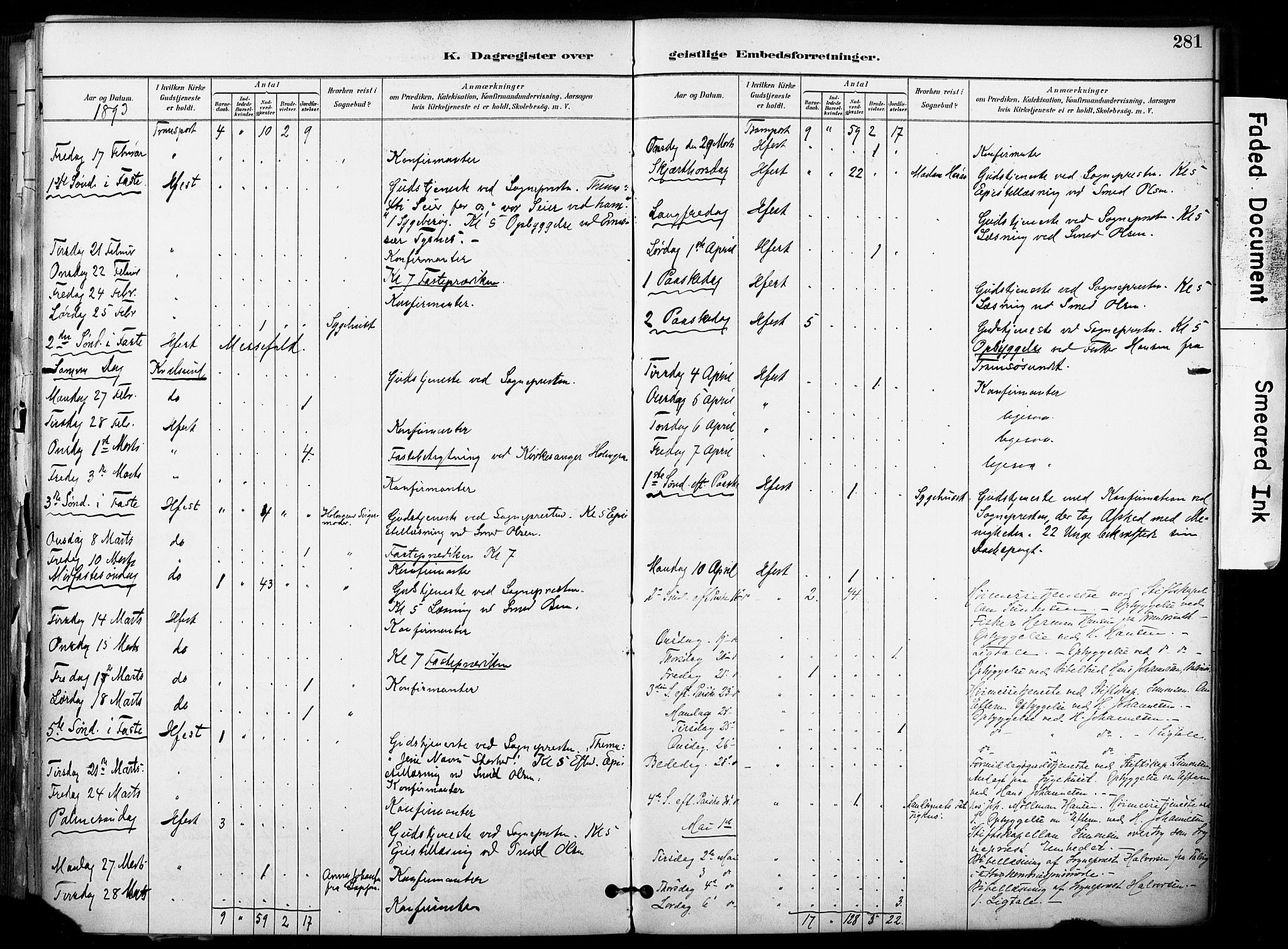 Hammerfest sokneprestkontor, AV/SATØ-S-1347/H/Ha/L0009.kirke: Parish register (official) no. 9, 1889-1897, p. 281