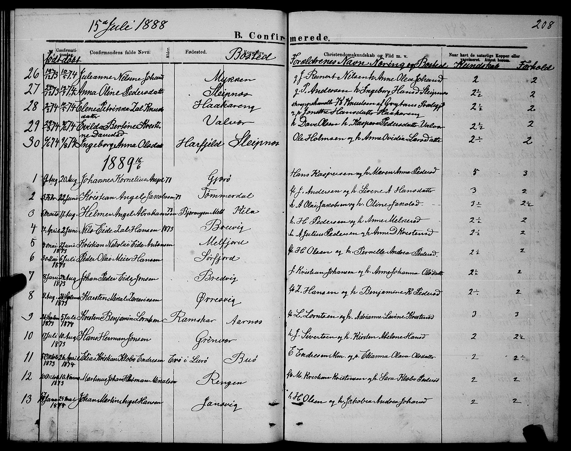 Ministerialprotokoller, klokkerbøker og fødselsregistre - Nordland, SAT/A-1459/841/L0620: Parish register (copy) no. 841C04, 1877-1896, p. 208