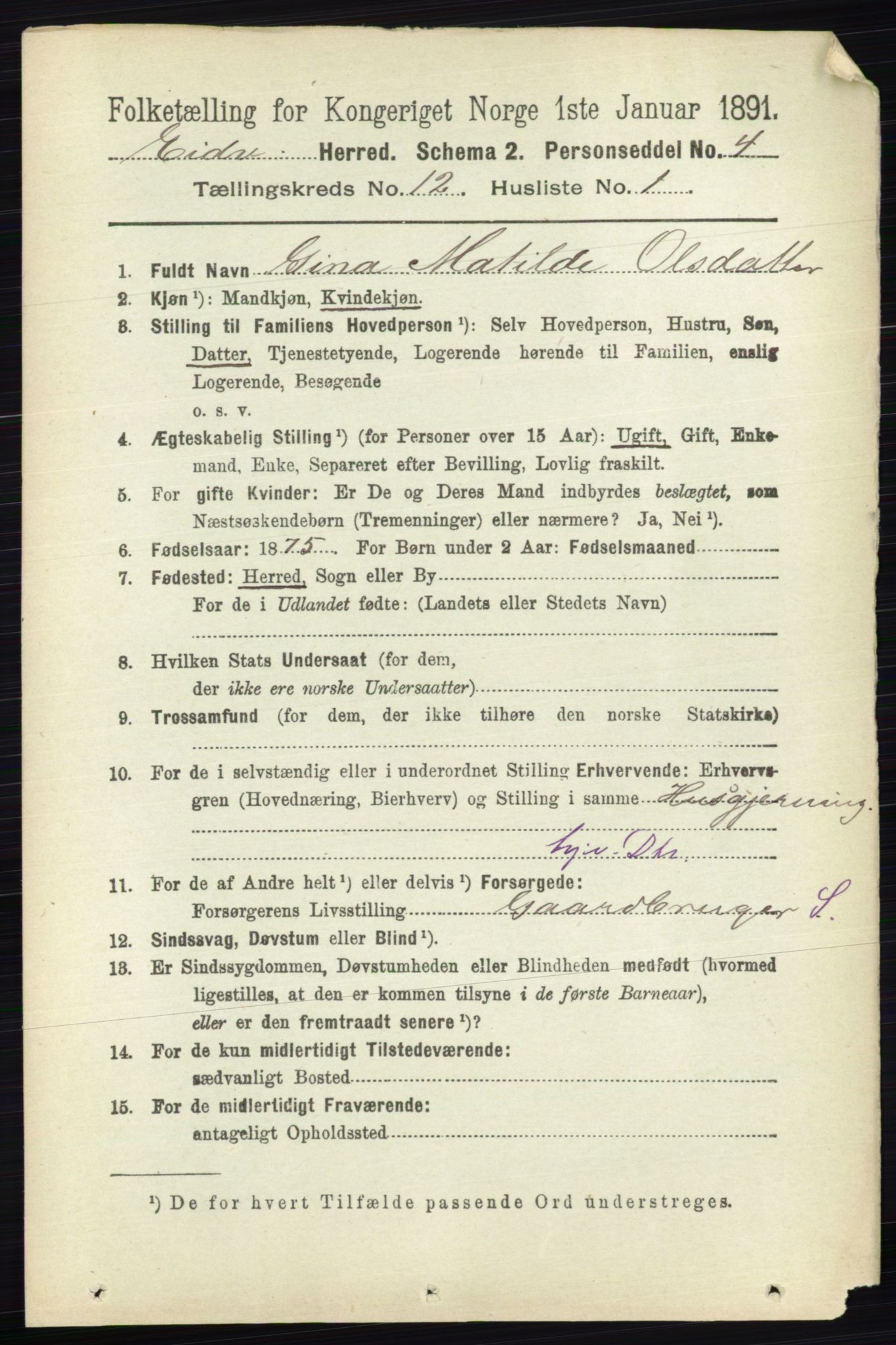 RA, 1891 census for 0237 Eidsvoll, 1891, p. 8485