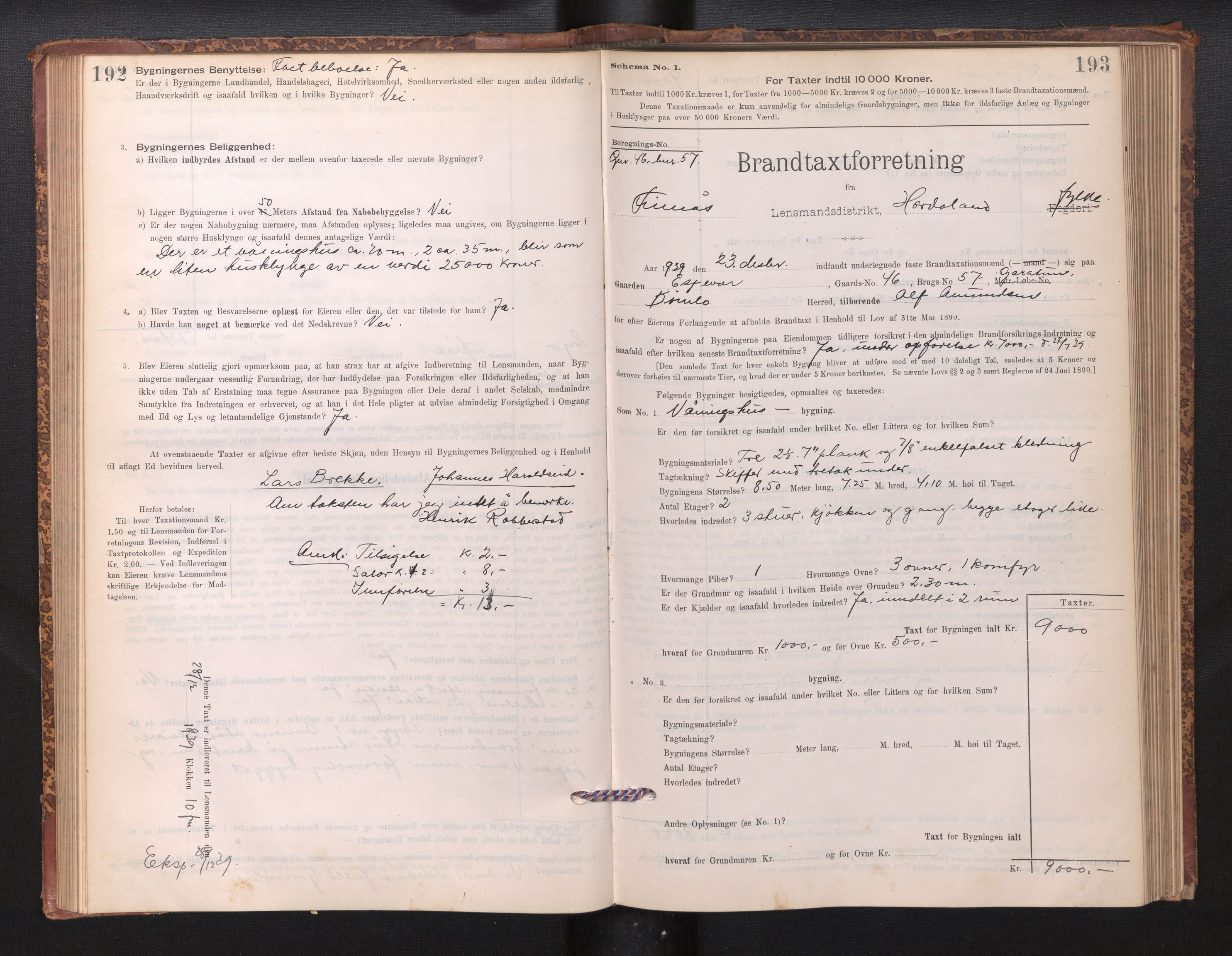 Lensmannen i Finnås, AV/SAB-A-31901/0012/L0002: Branntakstprotokoll, skjematakst, 1894-1954, p. 192-193