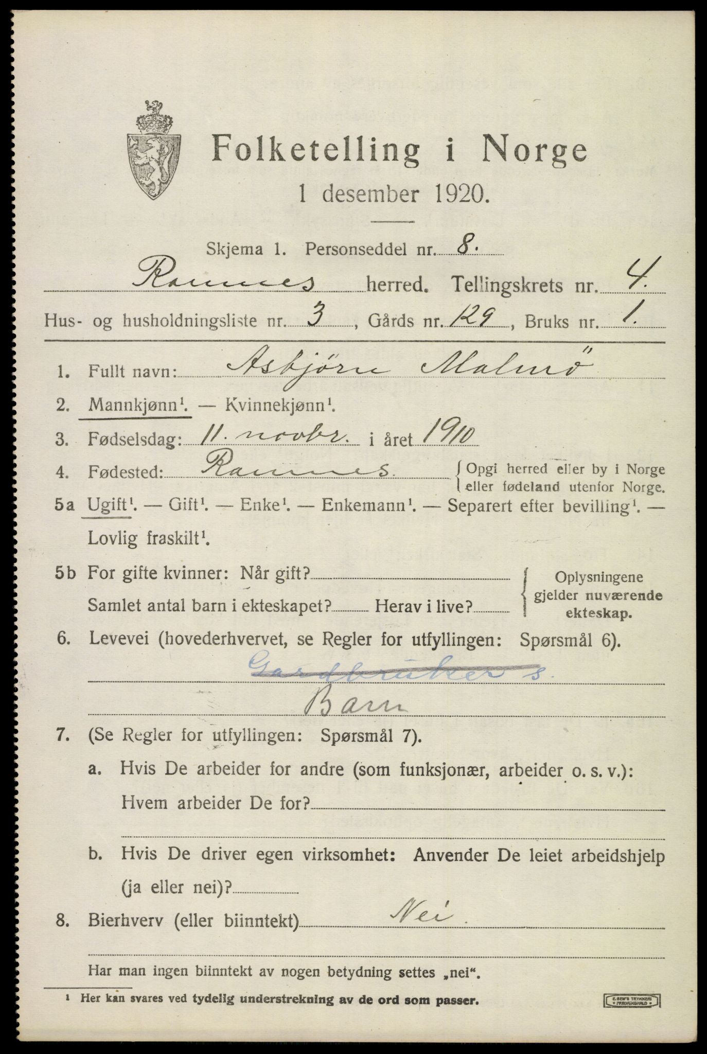 SAKO, 1920 census for Ramnes, 1920, p. 4358