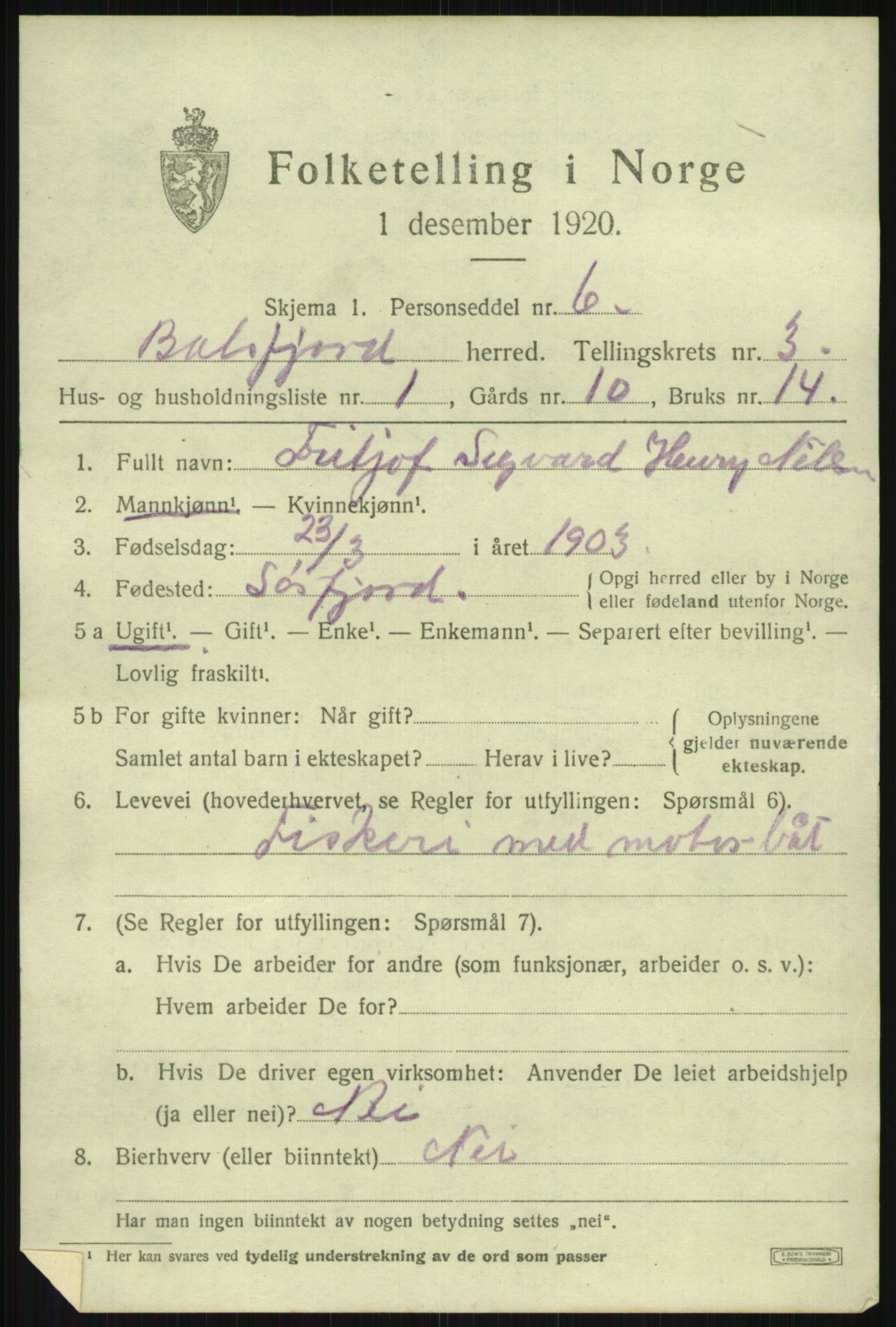 SATØ, 1920 census for Balsfjord, 1920, p. 2124
