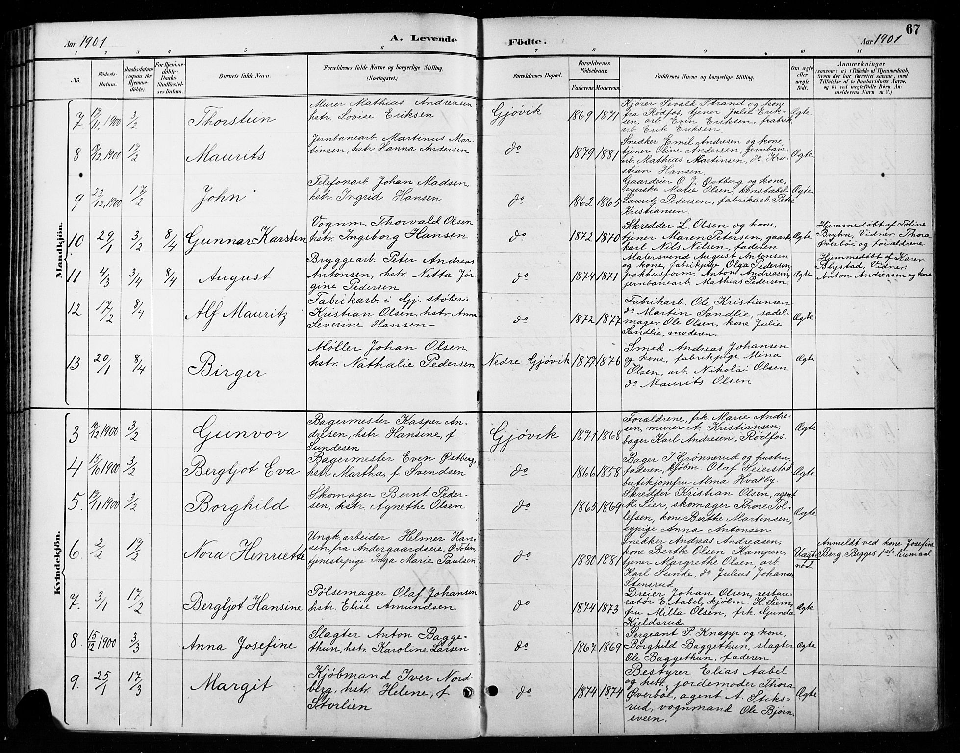Vardal prestekontor, SAH/PREST-100/H/Ha/Haa/L0011: Parish register (official) no. 11, 1891-1901, p. 67