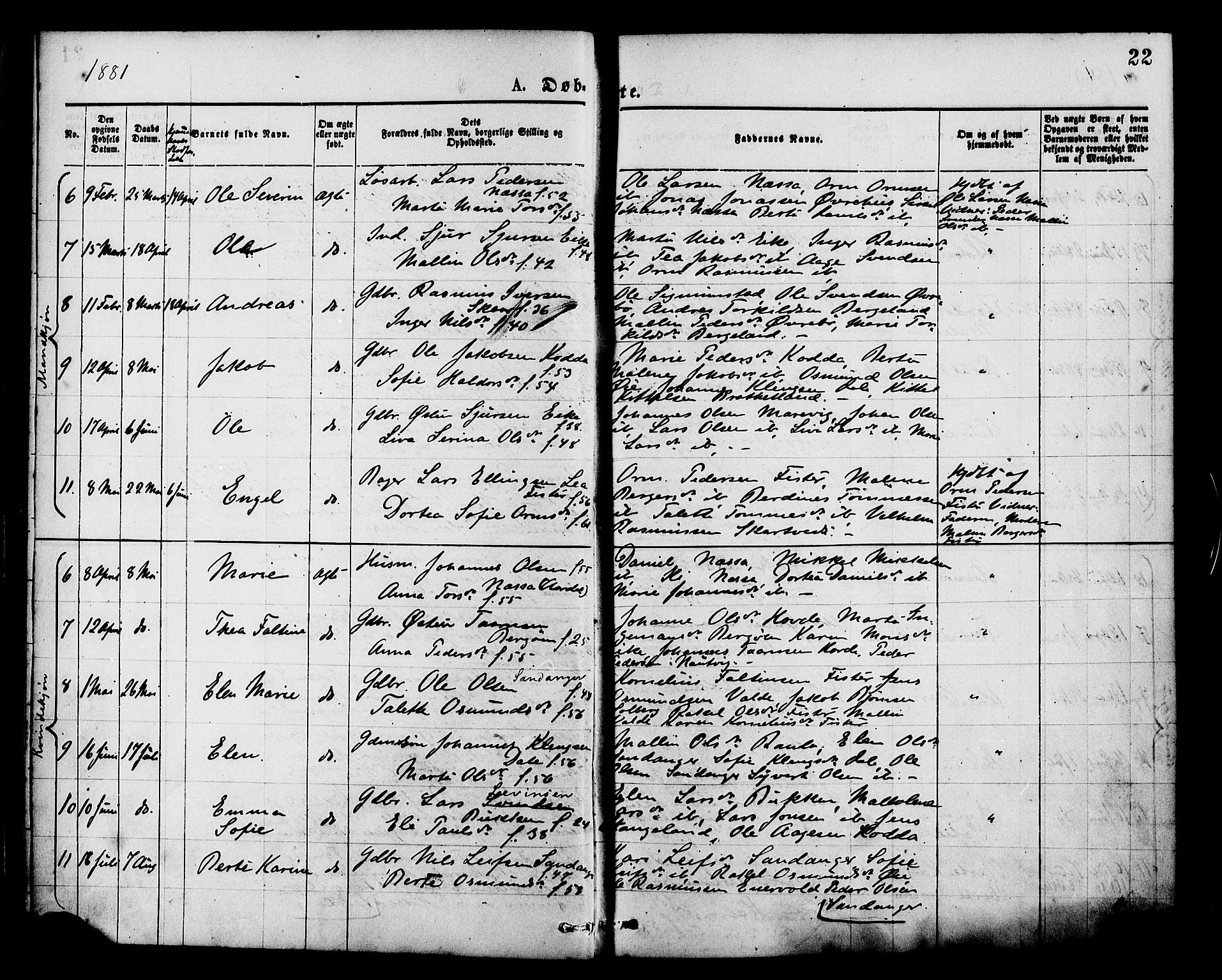 Hjelmeland sokneprestkontor, AV/SAST-A-101843/01/IV/L0013: Parish register (official) no. A 13, 1872-1886, p. 22