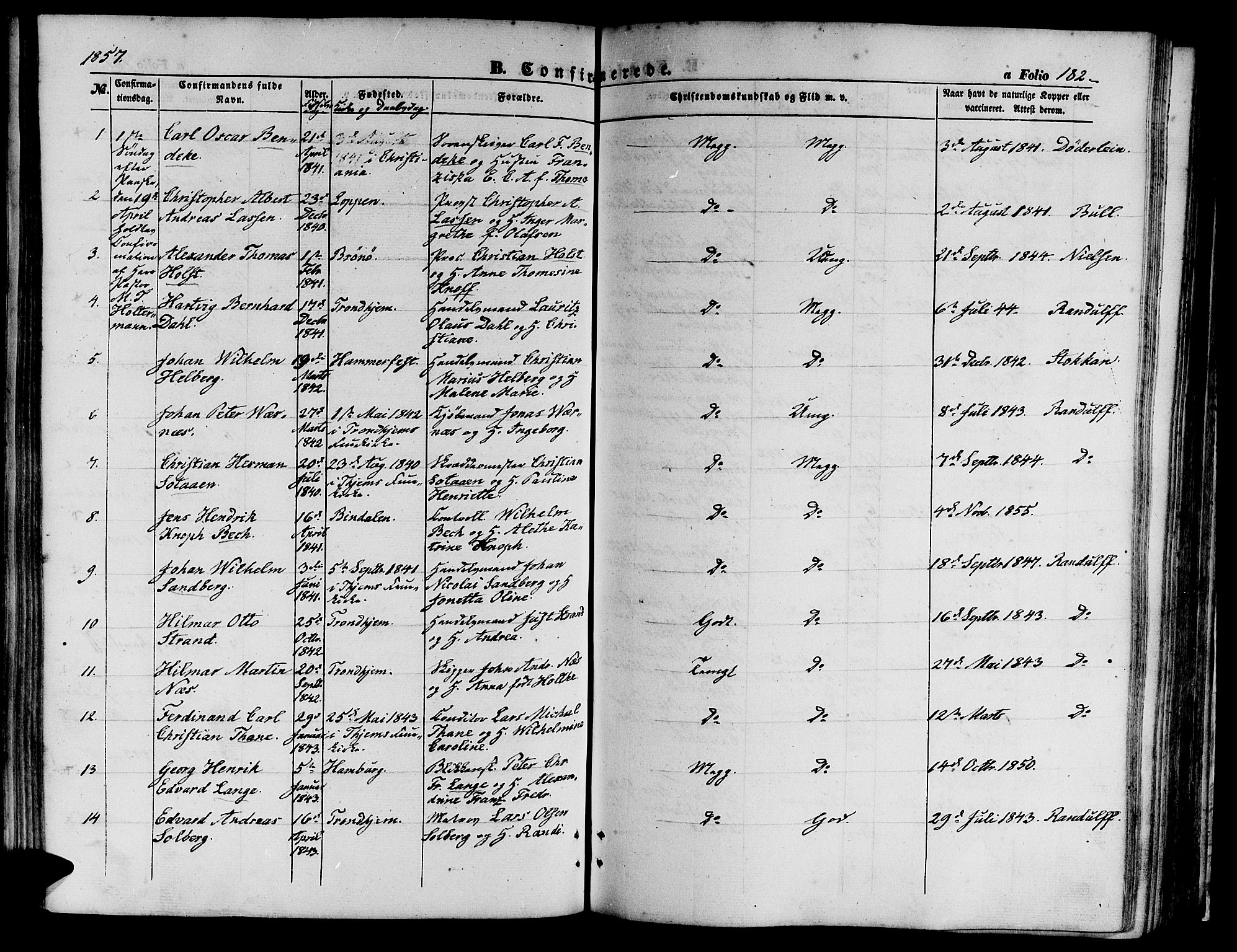 Ministerialprotokoller, klokkerbøker og fødselsregistre - Sør-Trøndelag, SAT/A-1456/602/L0138: Parish register (copy) no. 602C06, 1853-1858, p. 182