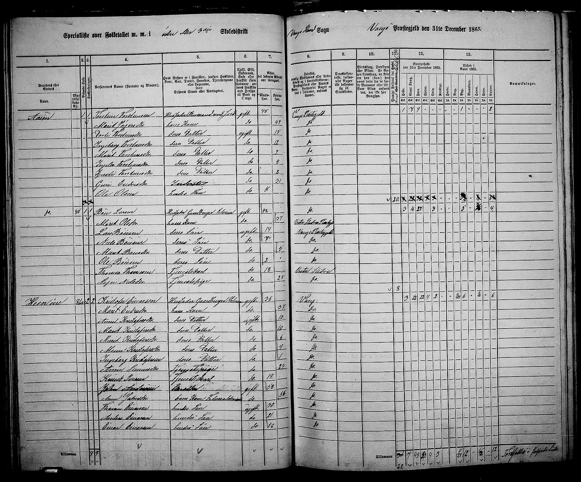 RA, 1865 census for Vang, 1865, p. 58