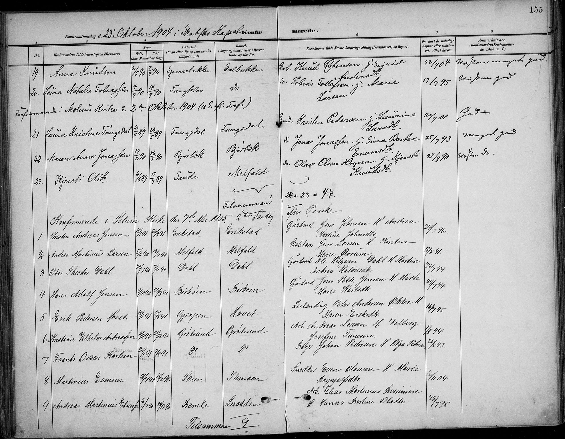 Solum kirkebøker, AV/SAKO-A-306/F/Fb/L0003: Parish register (official) no. II 3, 1901-1912, p. 155