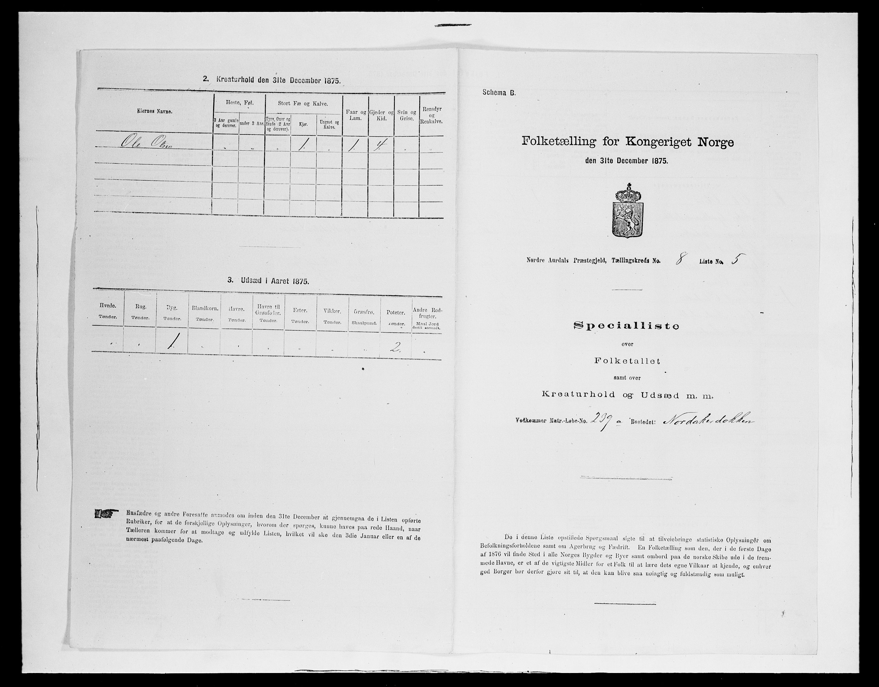 SAH, 1875 census for 0542P Nord-Aurdal, 1875, p. 1288