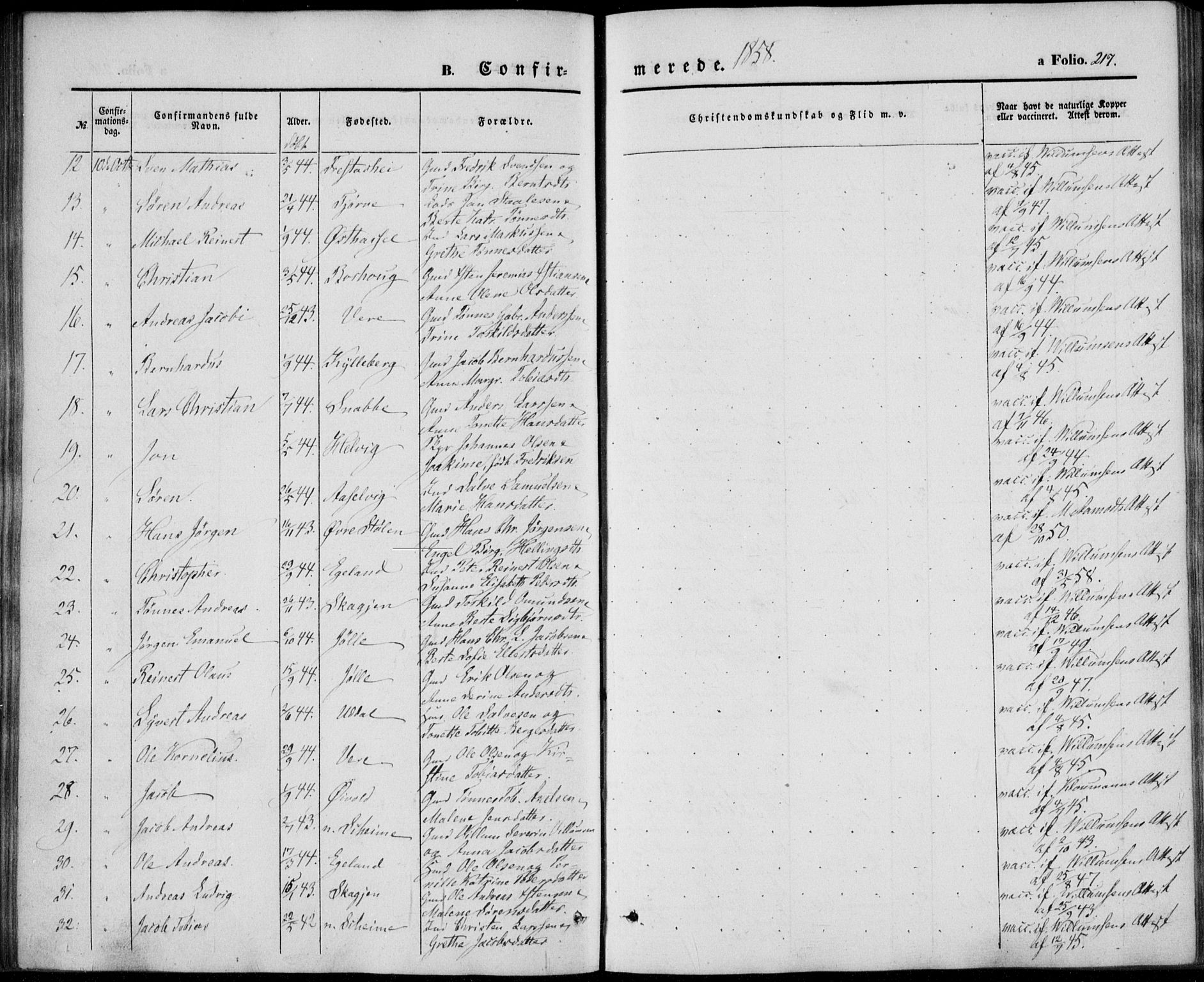 Lista sokneprestkontor, AV/SAK-1111-0027/F/Fb/L0002: Parish register (copy) no. B 2, 1847-1862, p. 217