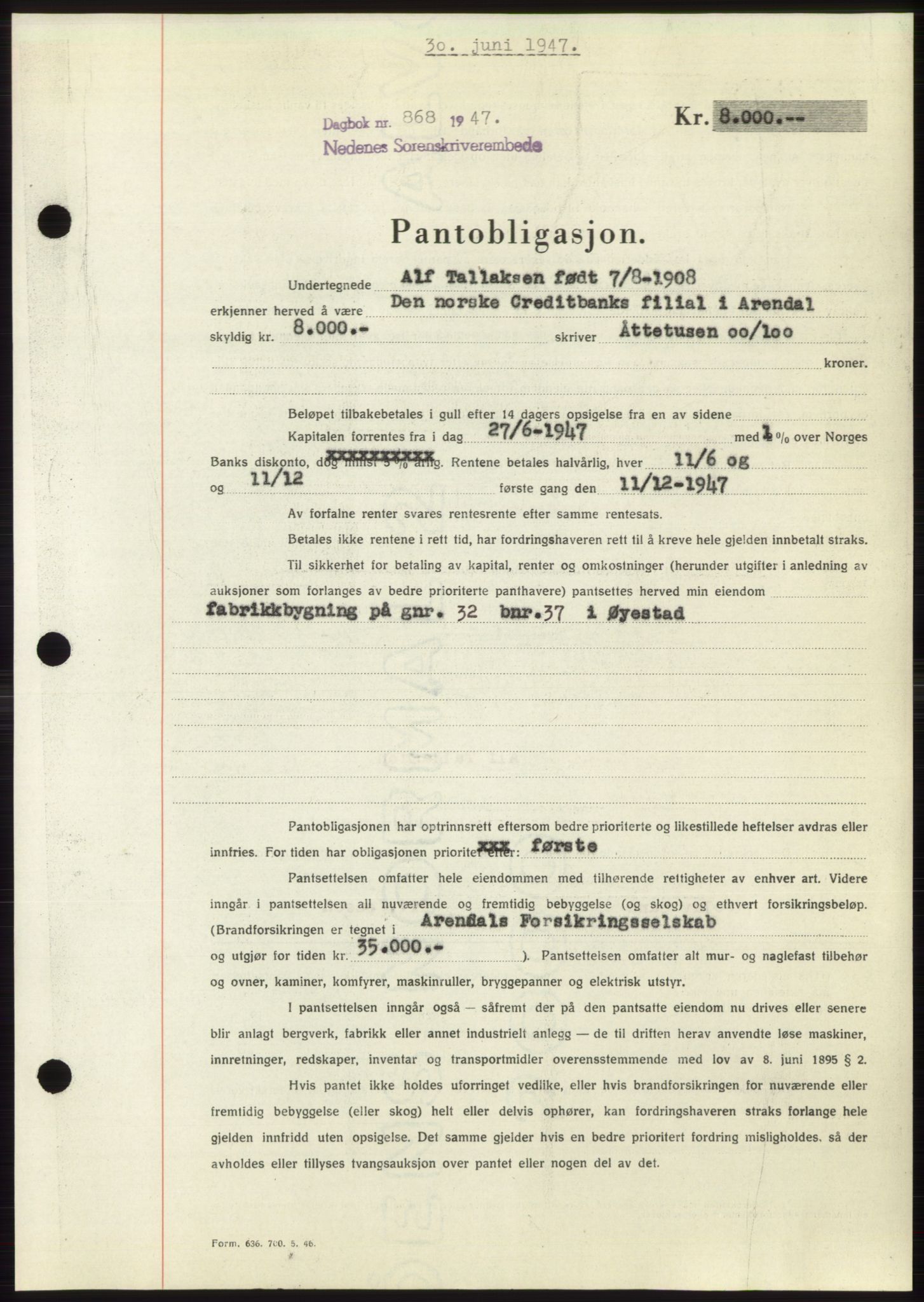 Nedenes sorenskriveri, AV/SAK-1221-0006/G/Gb/Gbb/L0004: Mortgage book no. B4, 1947-1947, Diary no: : 868/1947