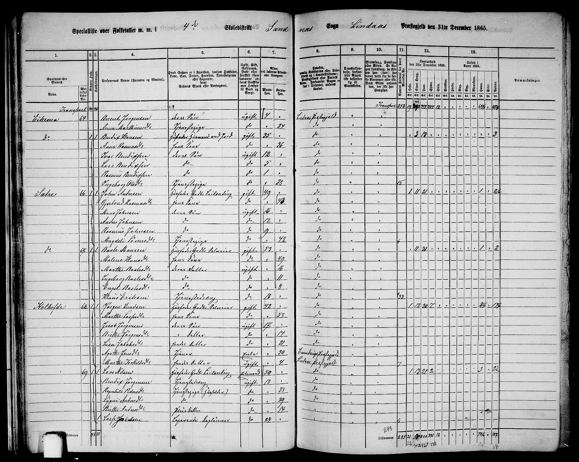 RA, 1865 census for Lindås, 1865, p. 38