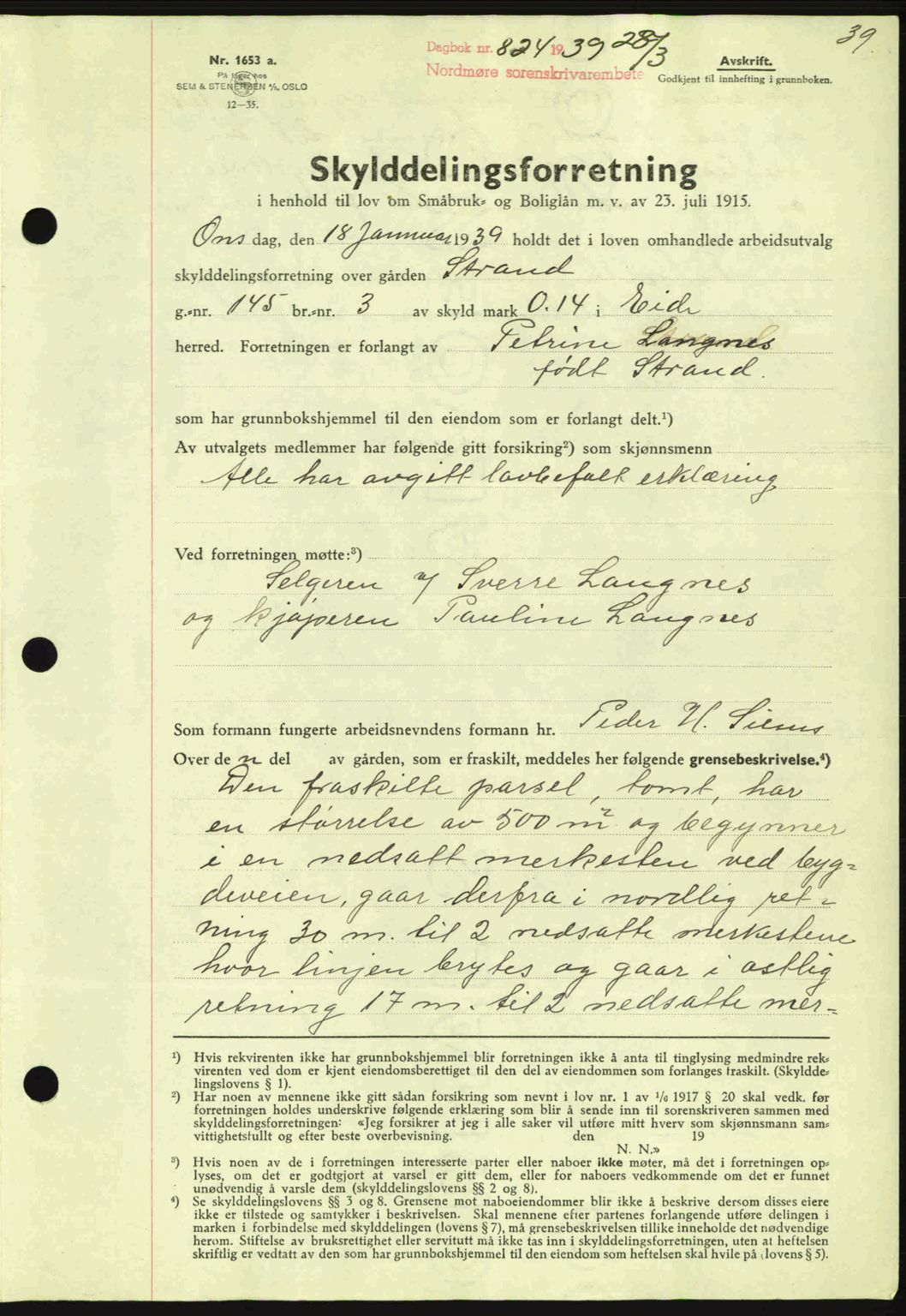 Nordmøre sorenskriveri, AV/SAT-A-4132/1/2/2Ca: Mortgage book no. A86, 1939-1939, Diary no: : 824/1939