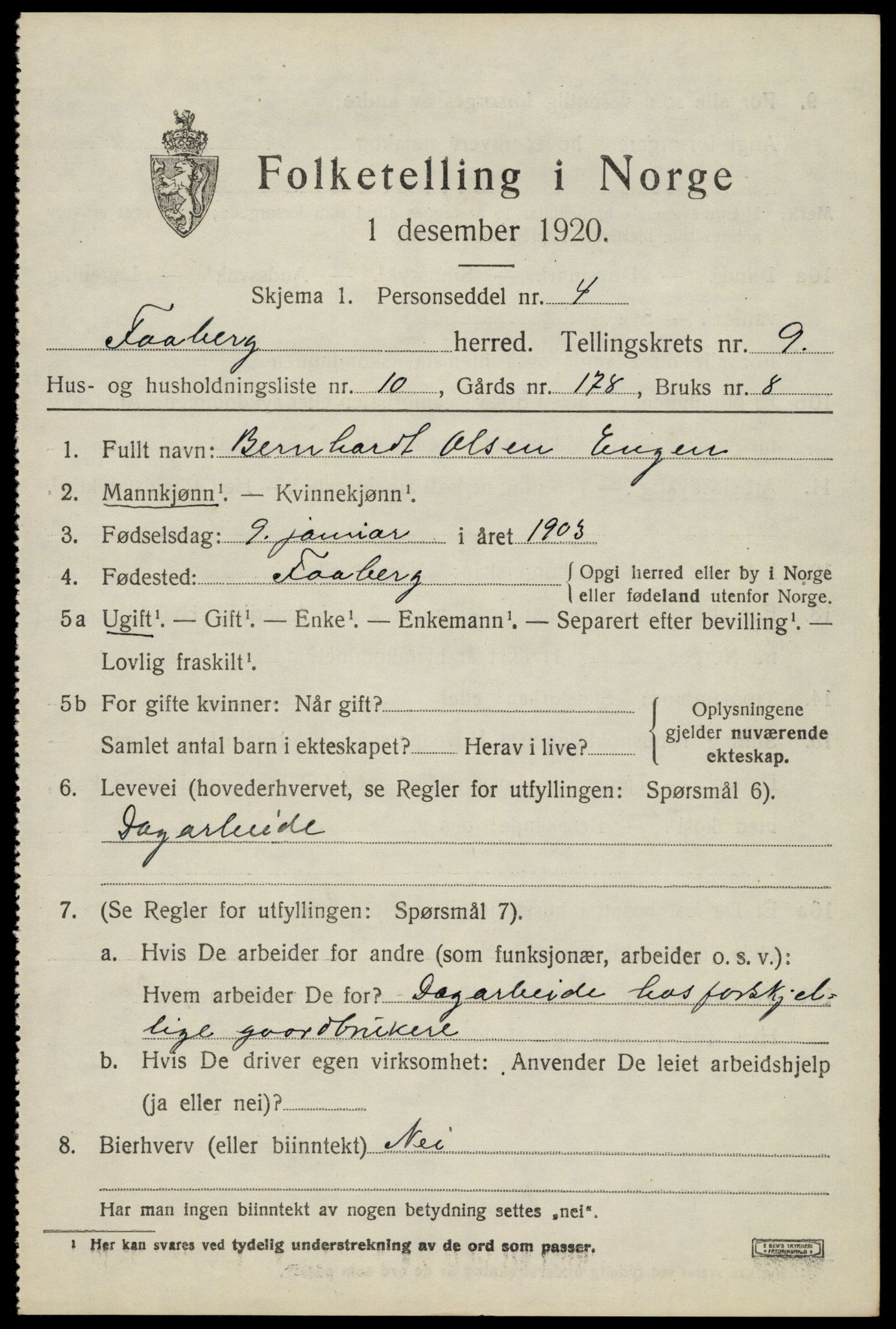 SAH, 1920 census for Fåberg, 1920, p. 10128