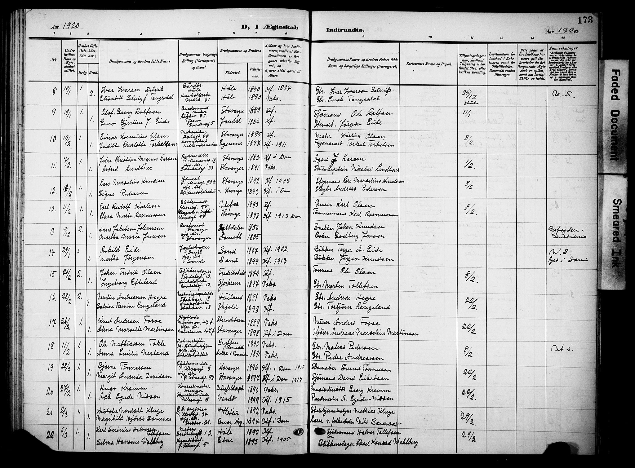 Domkirken sokneprestkontor, SAST/A-101812/001/30/30BB/L0017: Parish register (copy) no. B 17, 1902-1921, p. 173