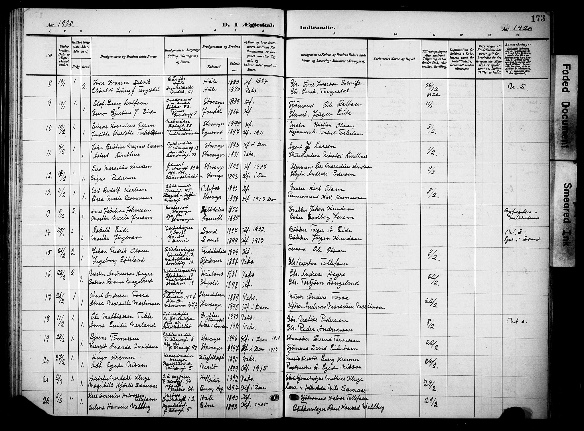 Domkirken sokneprestkontor, AV/SAST-A-101812/001/30/30BB/L0017: Parish register (copy) no. B 17, 1902-1921, p. 173