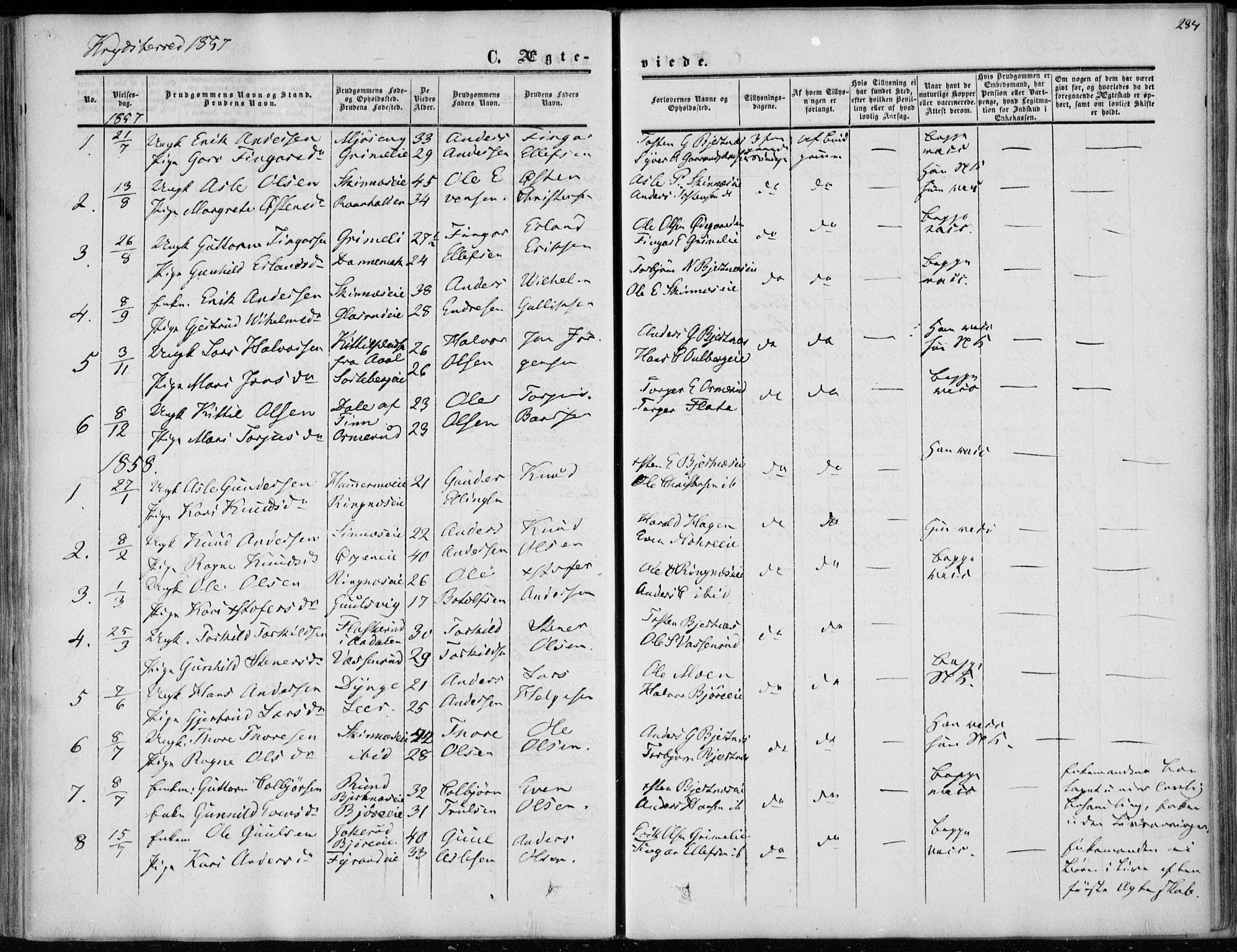 Sigdal kirkebøker, SAKO/A-245/F/Fa/L0008: Parish register (official) no. I 8, 1850-1859, p. 284