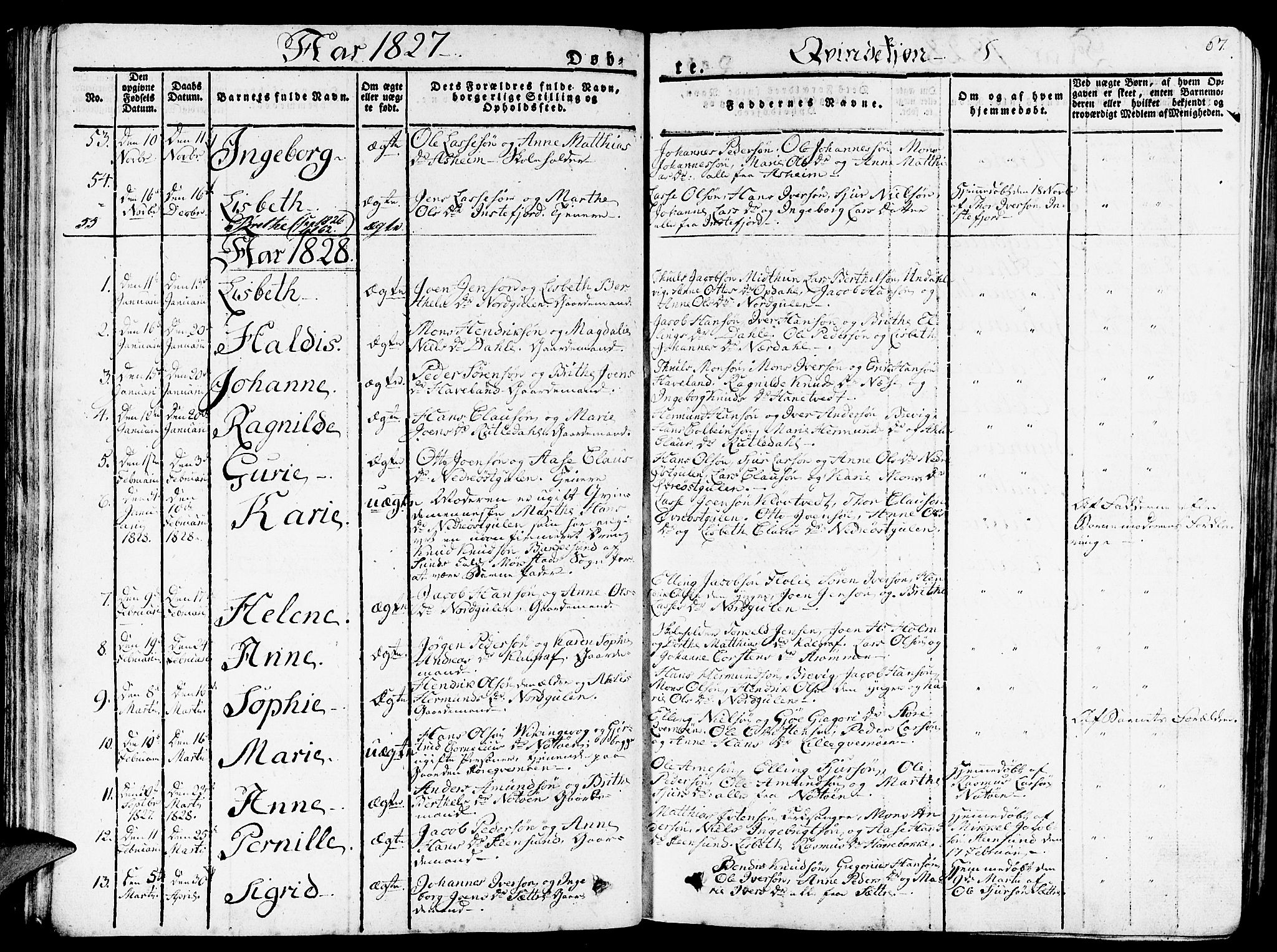Gulen sokneprestembete, SAB/A-80201/H/Haa/Haaa/L0019: Parish register (official) no. A 19, 1826-1836, p. 67