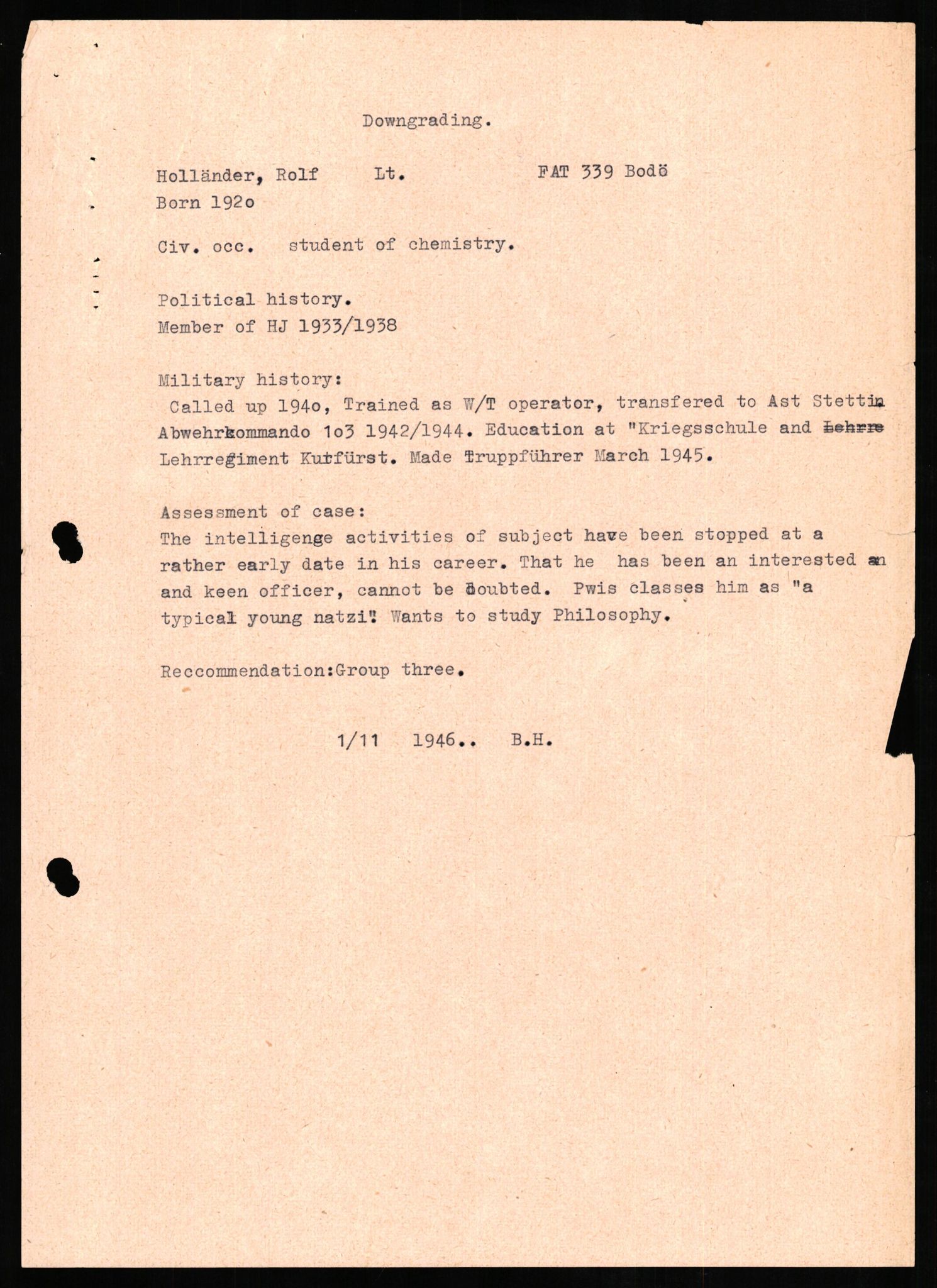 Forsvaret, Forsvarets overkommando II, AV/RA-RAFA-3915/D/Db/L0013: CI Questionaires. Tyske okkupasjonsstyrker i Norge. Tyskere., 1945-1946, p. 389