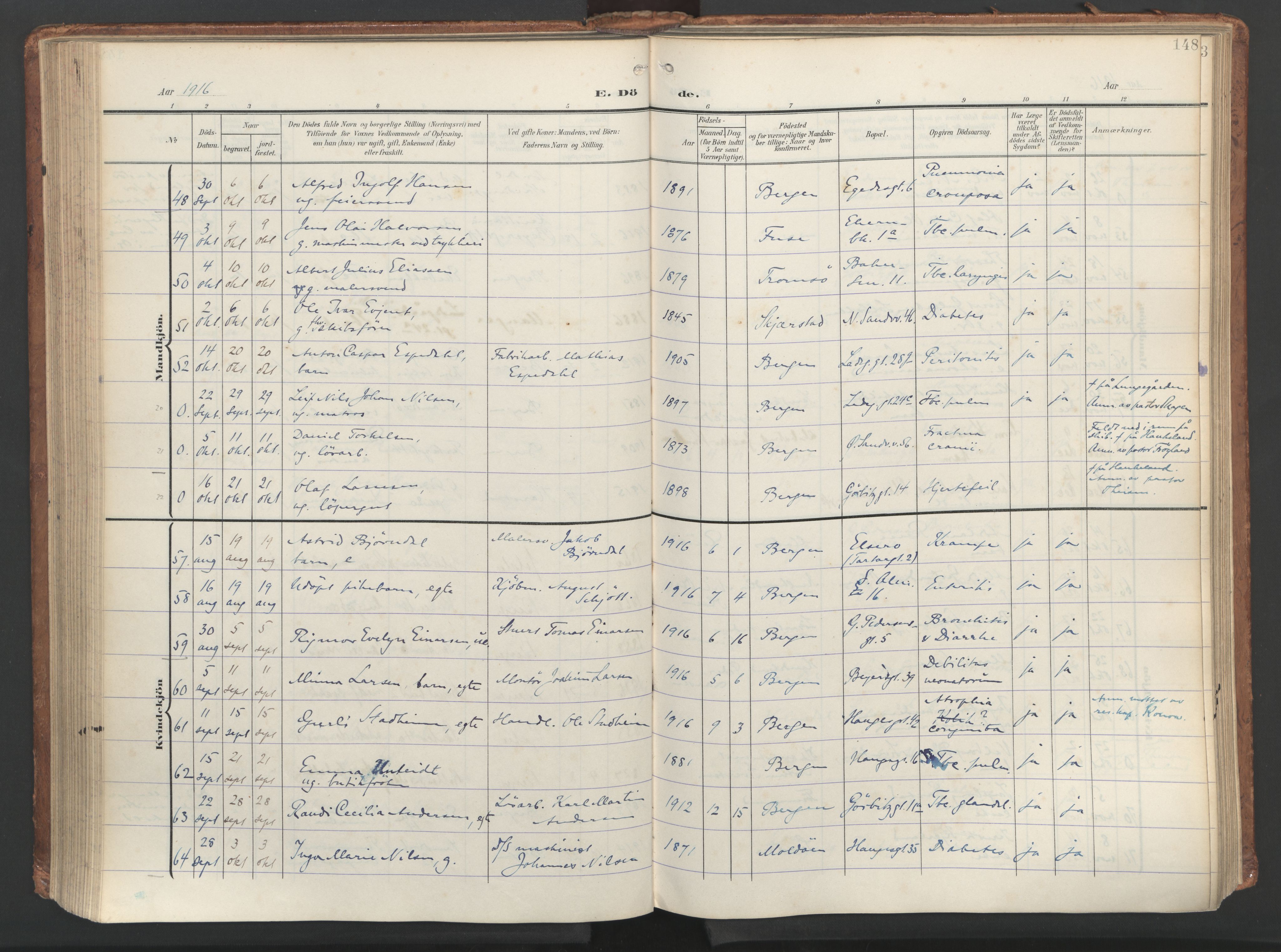 Sandviken Sokneprestembete, SAB/A-77601/H/Ha/L0019: Parish register (official) no. E 2, 1905-1933, p. 148