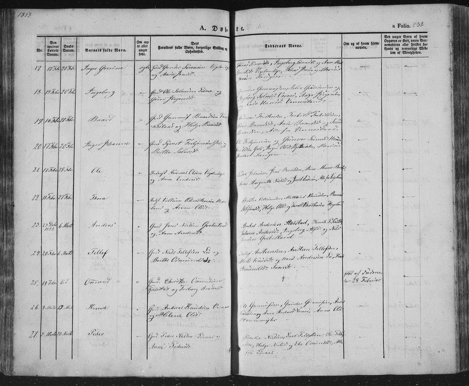 Vennesla sokneprestkontor, AV/SAK-1111-0045/Fa/Fac/L0004: Parish register (official) no. A 4, 1834-1855, p. 232