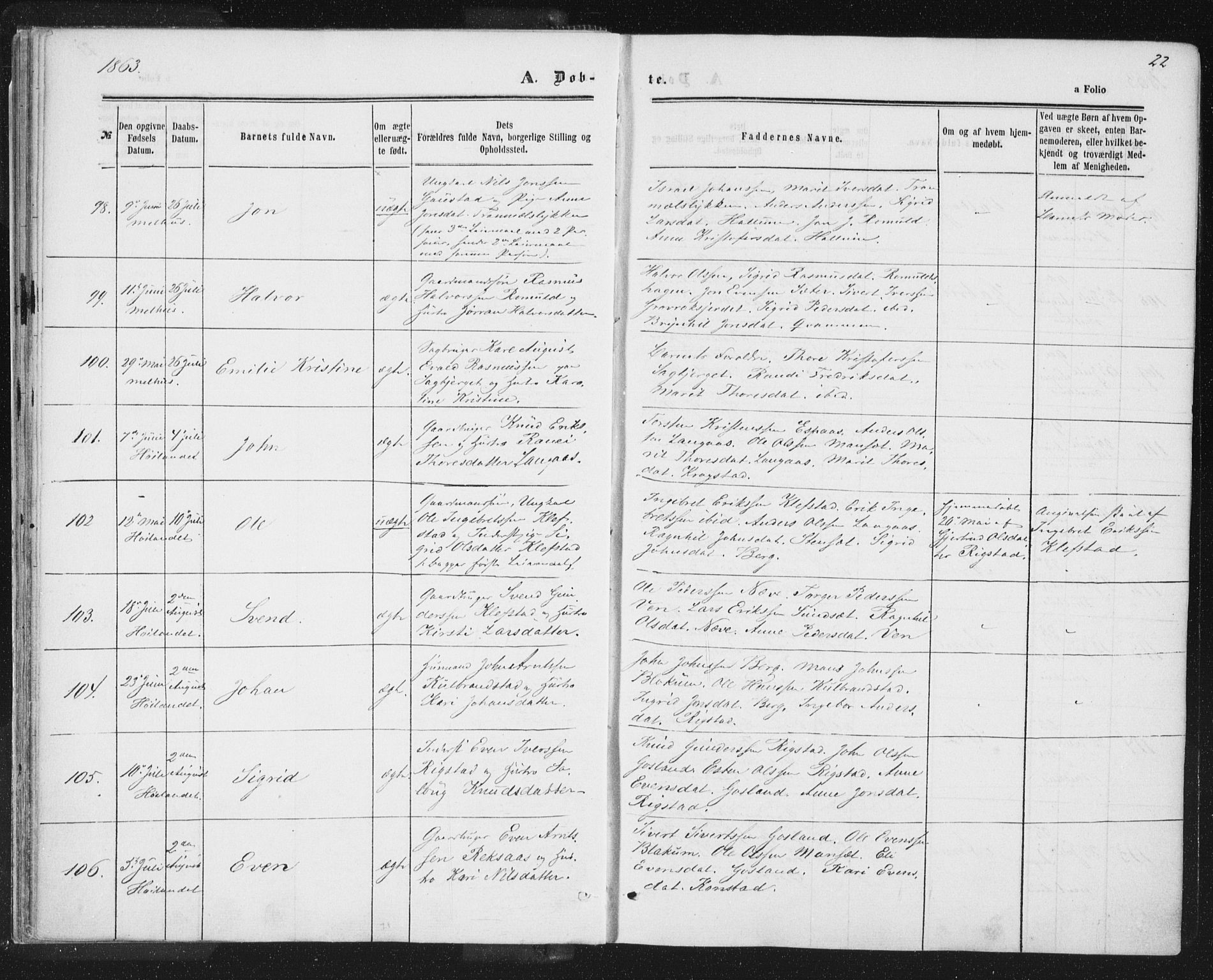 Ministerialprotokoller, klokkerbøker og fødselsregistre - Sør-Trøndelag, SAT/A-1456/691/L1077: Parish register (official) no. 691A09, 1862-1873, p. 22