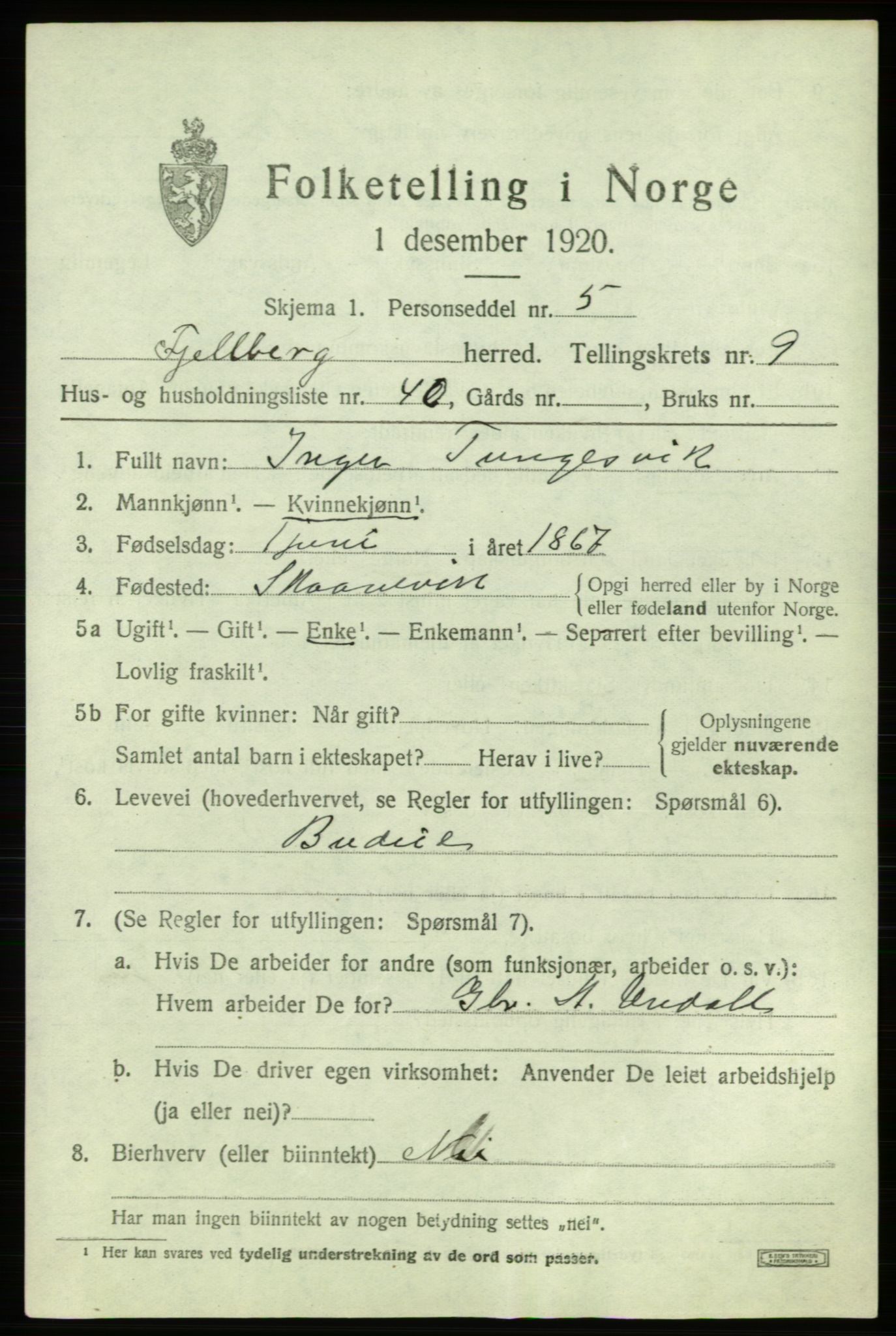 SAB, 1920 census for Fjelberg, 1920, p. 4429