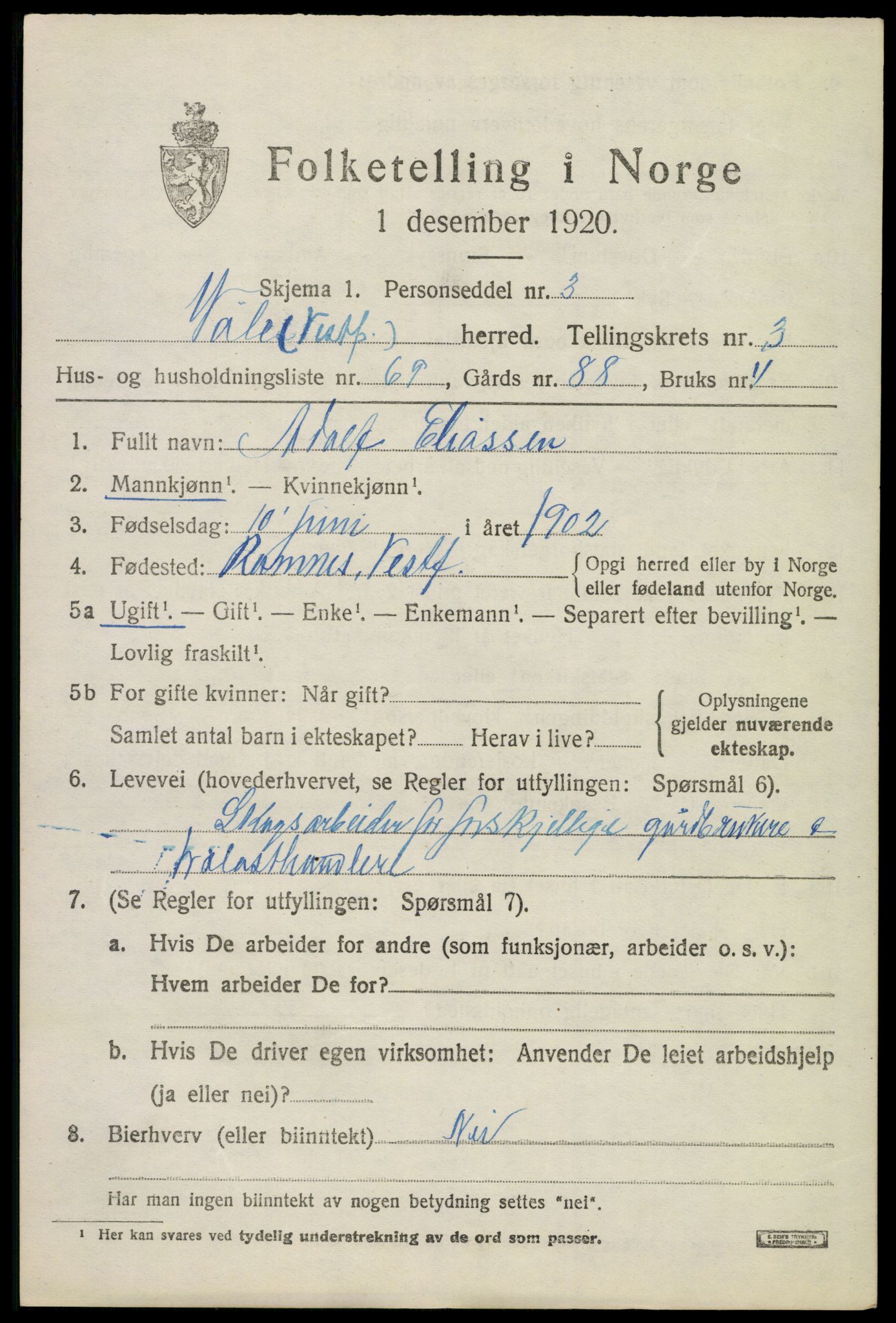 SAKO, 1920 census for Våle, 1920, p. 3132