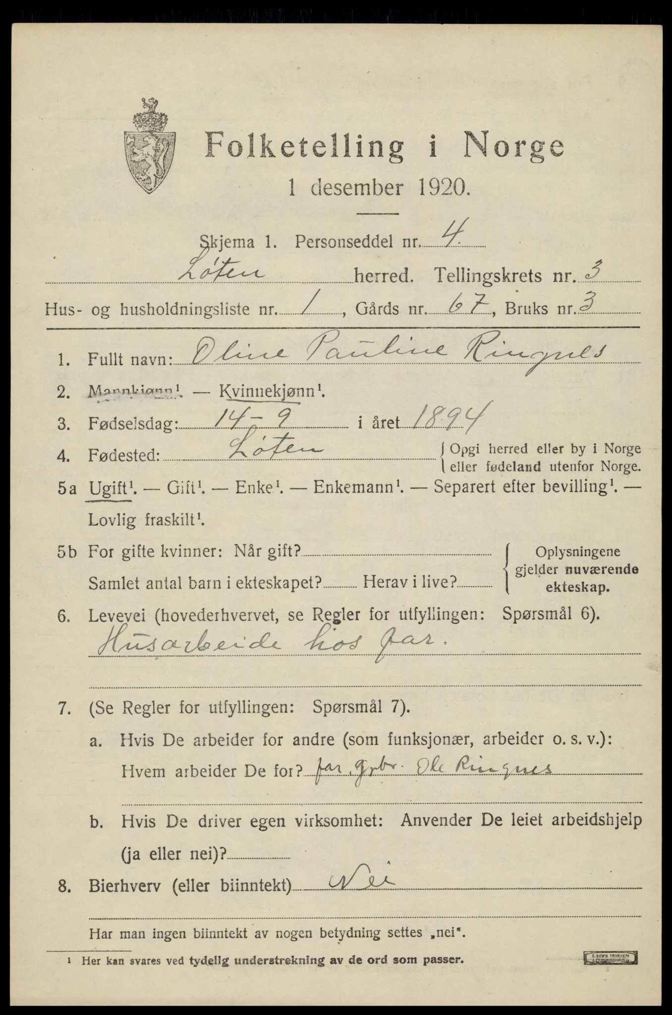 SAH, 1920 census for Løten, 1920, p. 7311