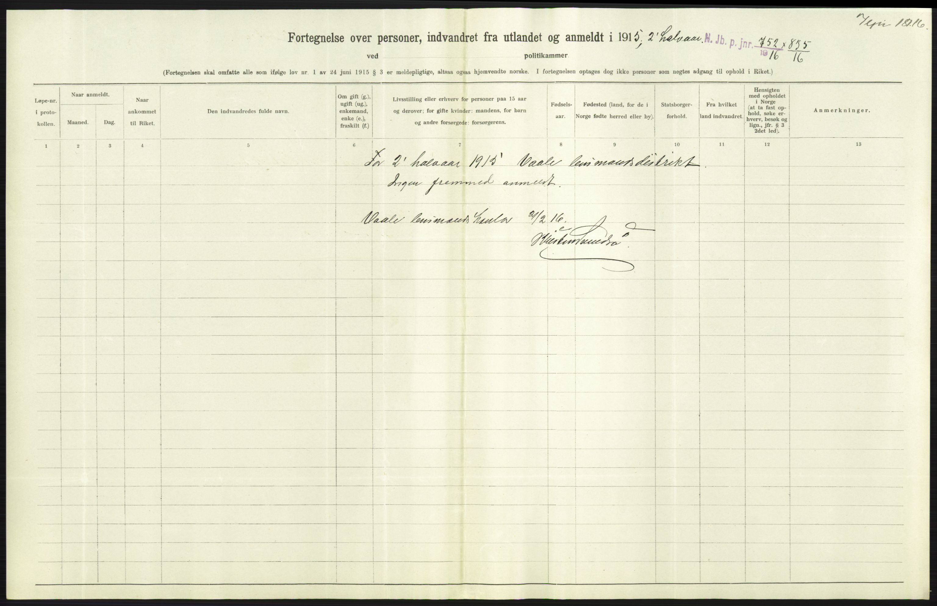 Nord-Jarlsberg politikammer, AV/SAKO-A-739/I/Ia/Iab/L0001: Emigrantprotokoll, 1912-1918, p. 217