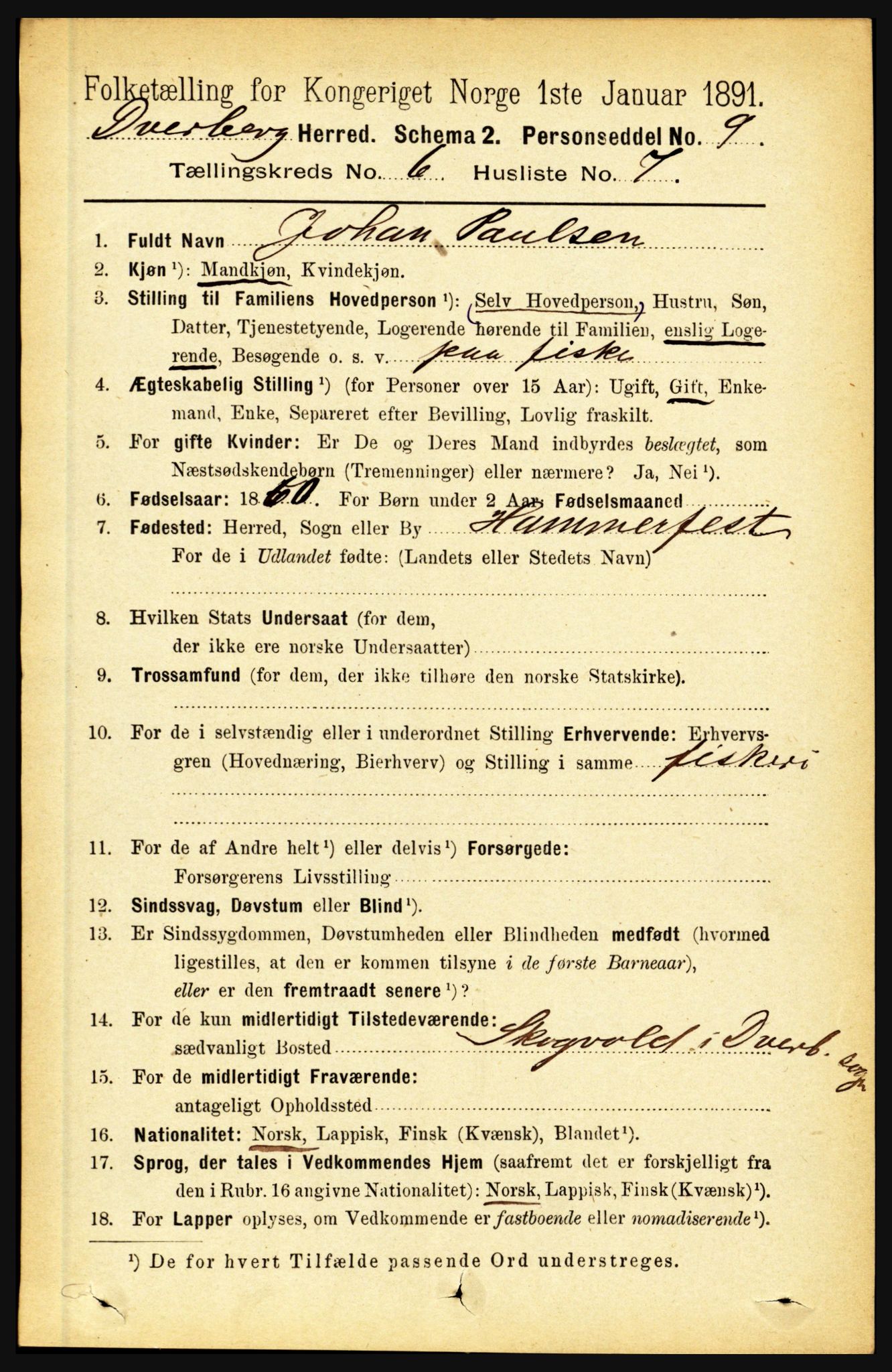 RA, 1891 census for 1872 Dverberg, 1891, p. 2175