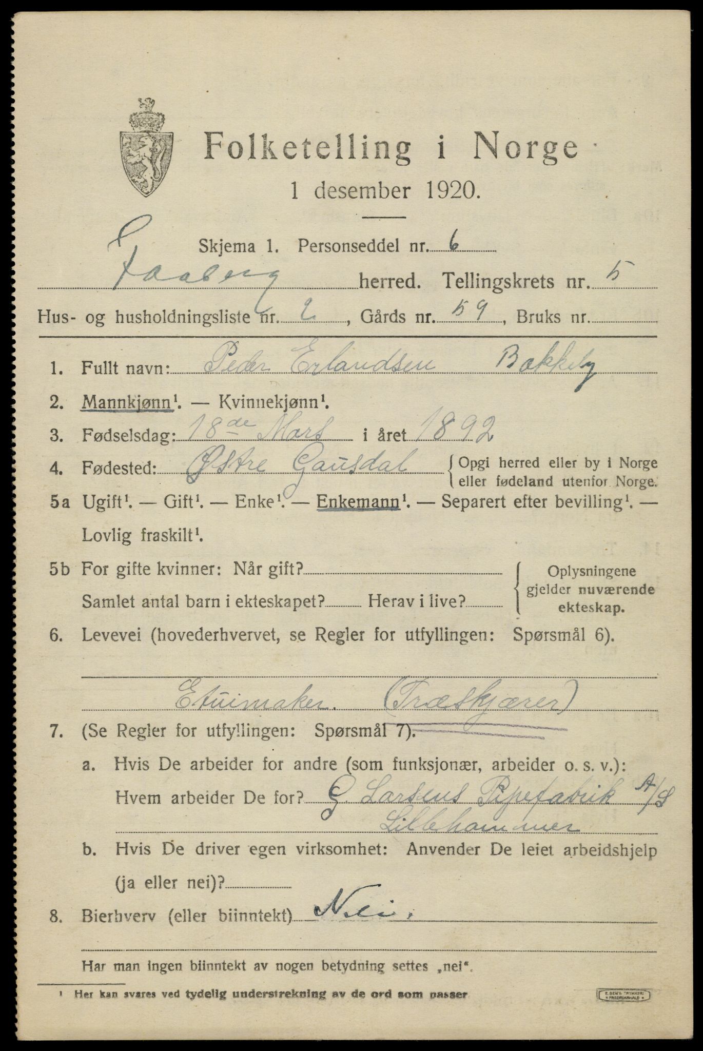 SAH, 1920 census for Fåberg, 1920, p. 5926