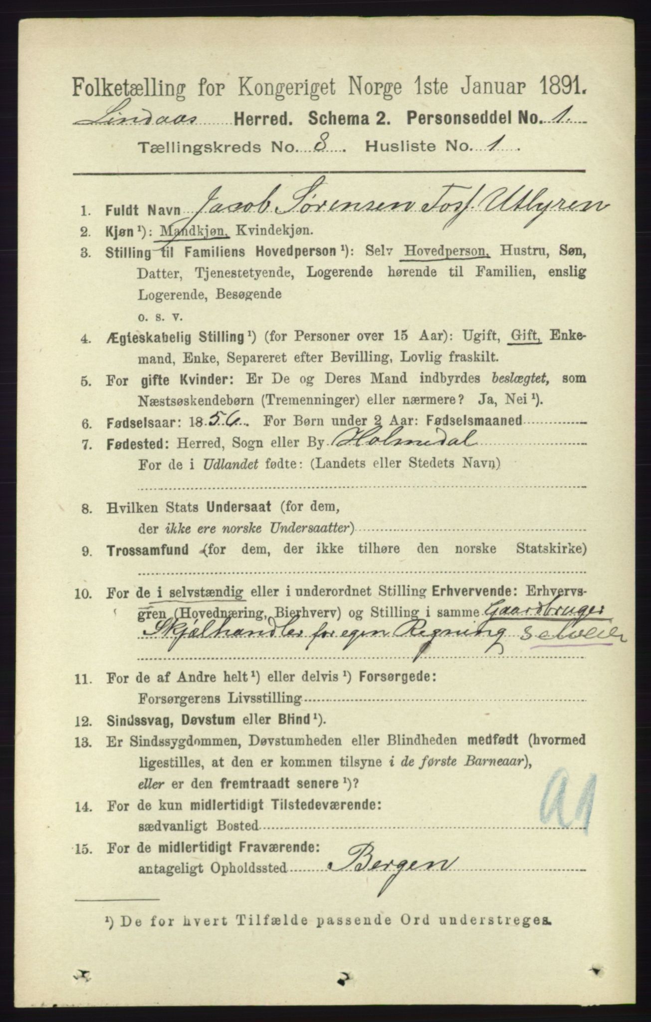 RA, 1891 census for 1263 Lindås, 1891, p. 2424