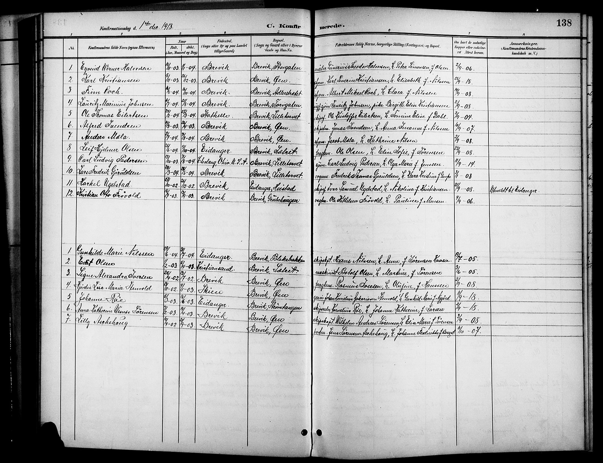 Brevik kirkebøker, SAKO/A-255/G/Ga/L0005: Parish register (copy) no. 5, 1901-1924, p. 138