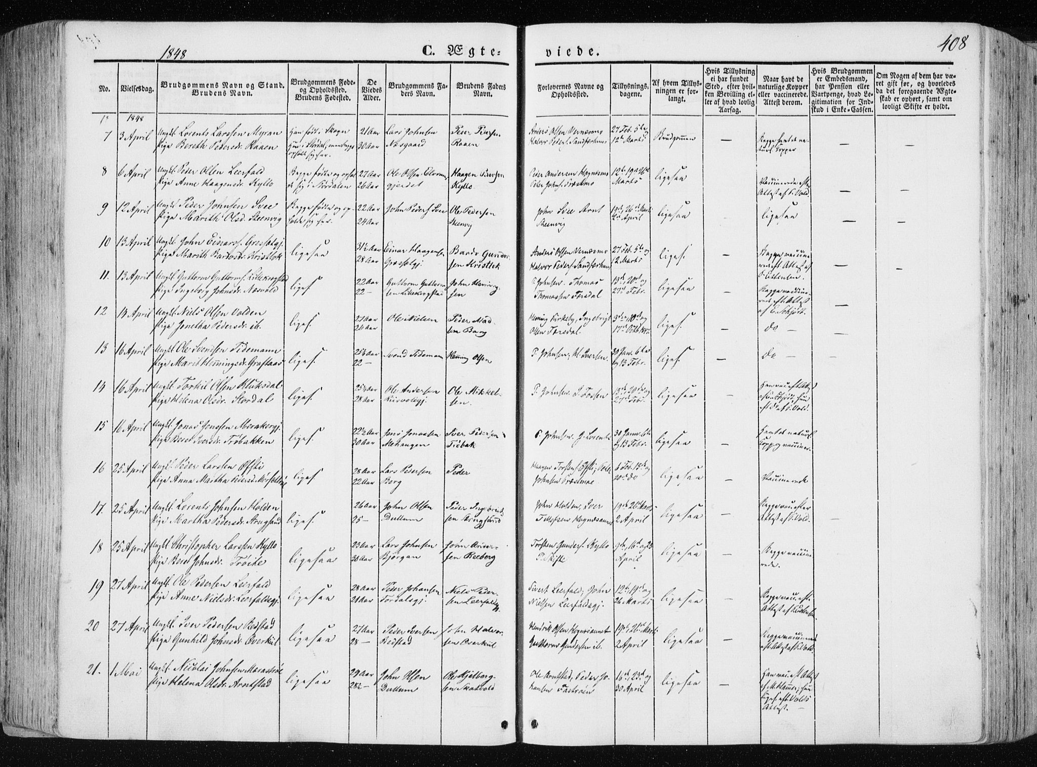 Ministerialprotokoller, klokkerbøker og fødselsregistre - Nord-Trøndelag, AV/SAT-A-1458/709/L0074: Parish register (official) no. 709A14, 1845-1858, p. 408