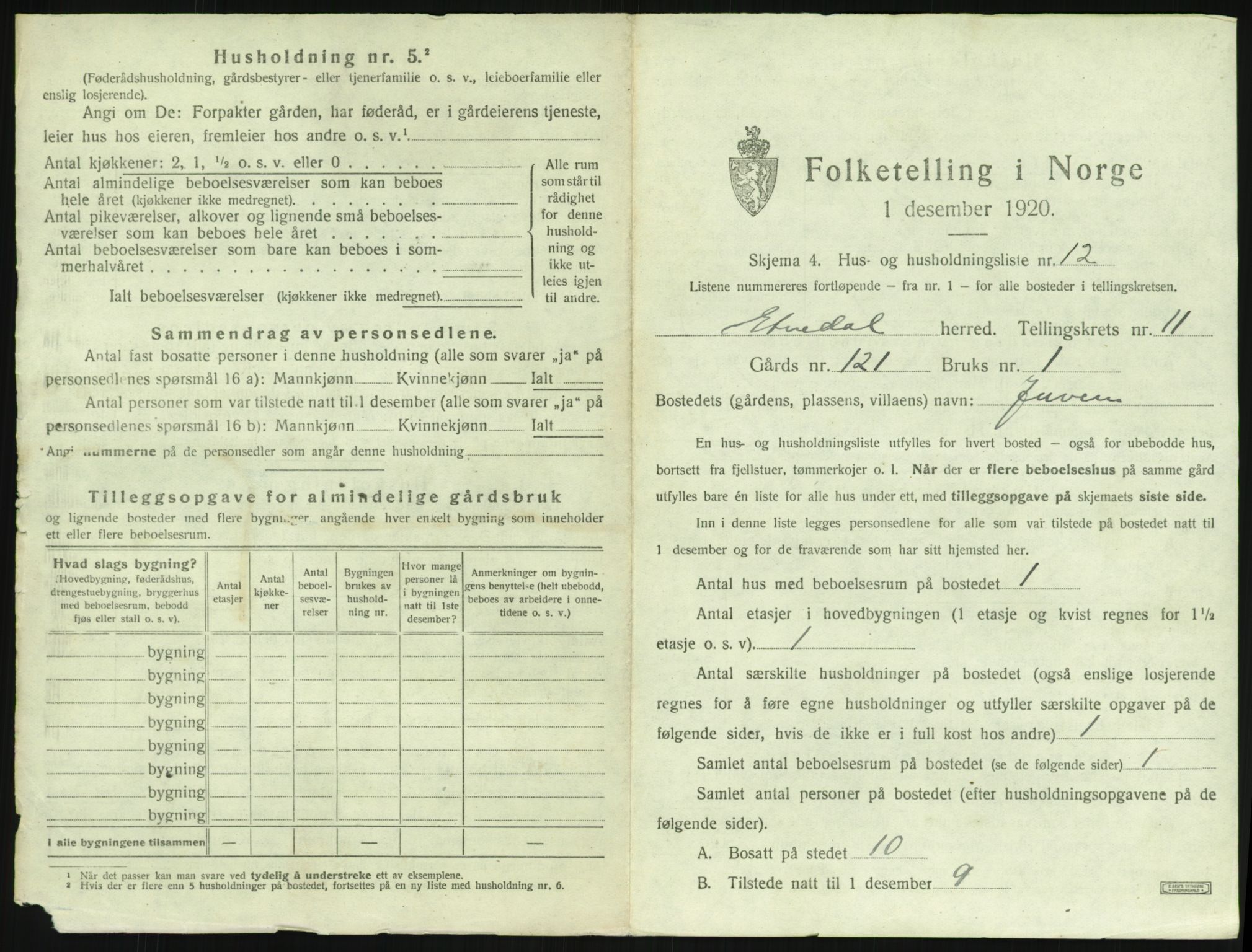 SAH, 1920 census for Etnedal, 1920, p. 788