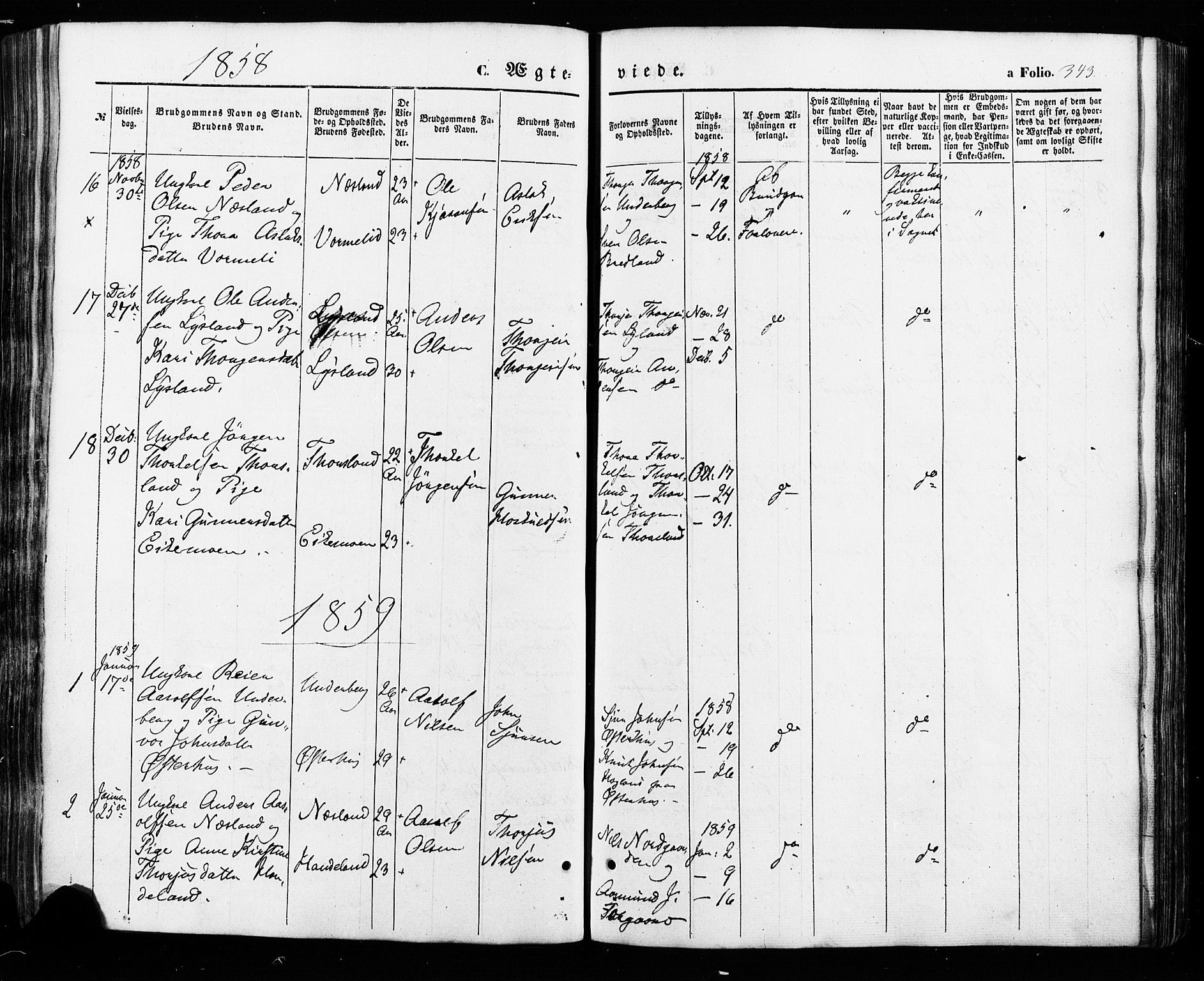 Åseral sokneprestkontor, SAK/1111-0051/F/Fa/L0002: Parish register (official) no. A 2, 1854-1884, p. 343