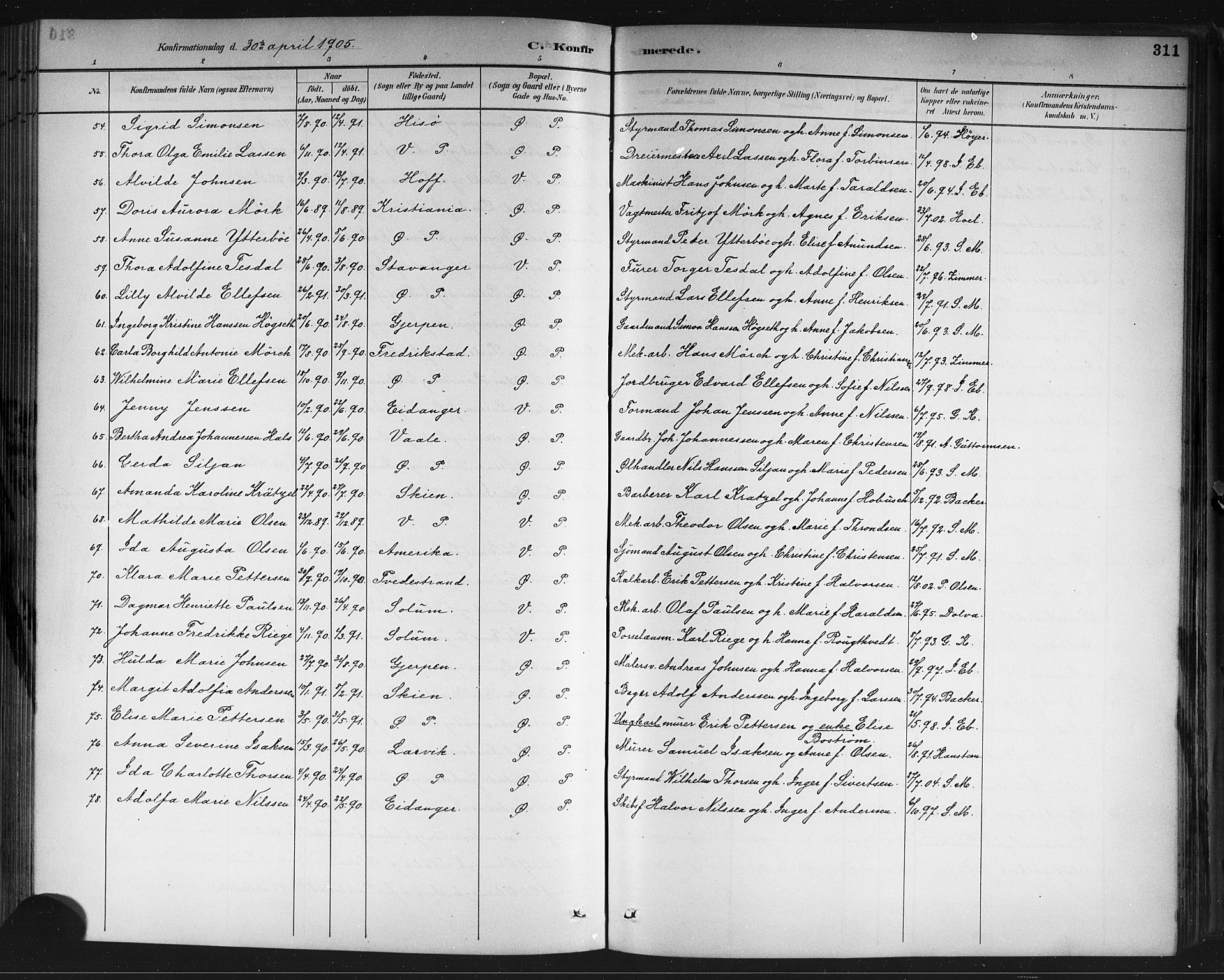 Porsgrunn kirkebøker , SAKO/A-104/G/Gb/L0005: Parish register (copy) no. II 5, 1883-1915, p. 311