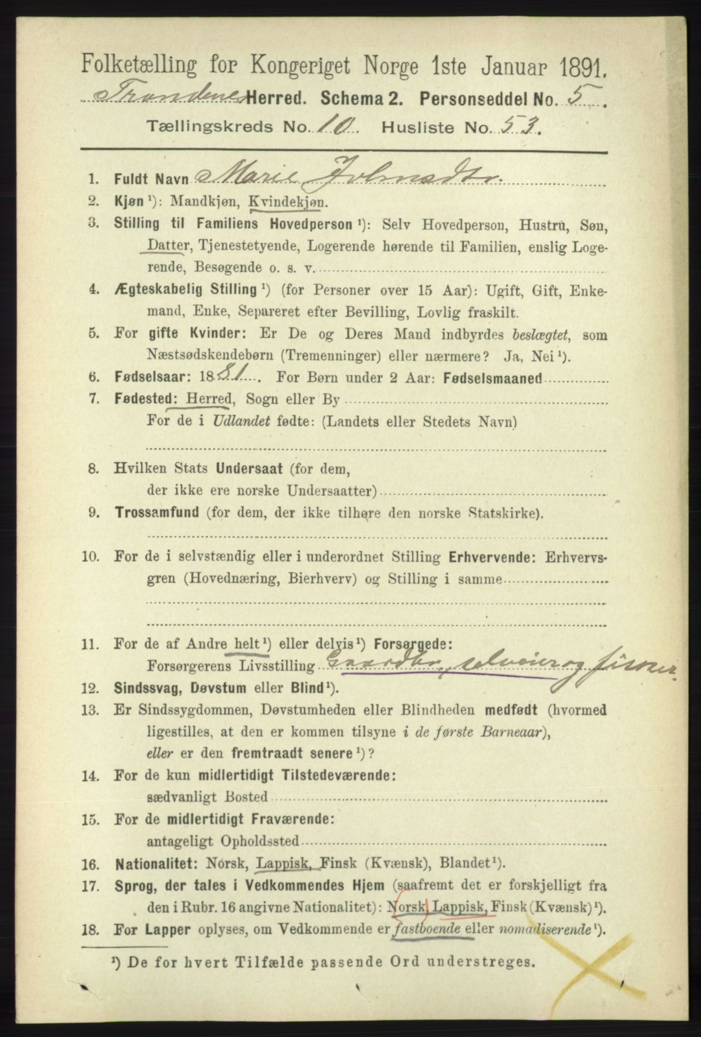 RA, 1891 census for 1914 Trondenes, 1891, p. 7862