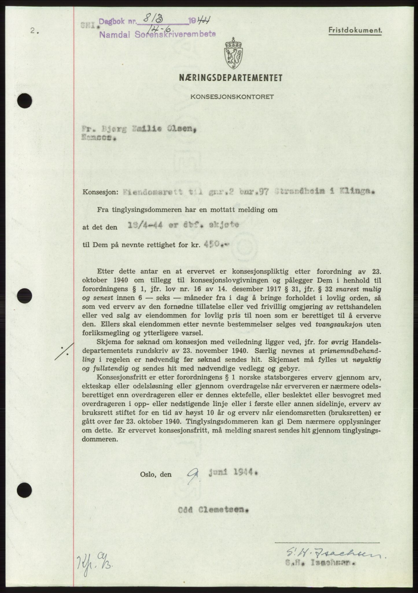 Namdal sorenskriveri, SAT/A-4133/1/2/2C: Mortgage book no. -, 1944-1945, Diary no: : 813/1944