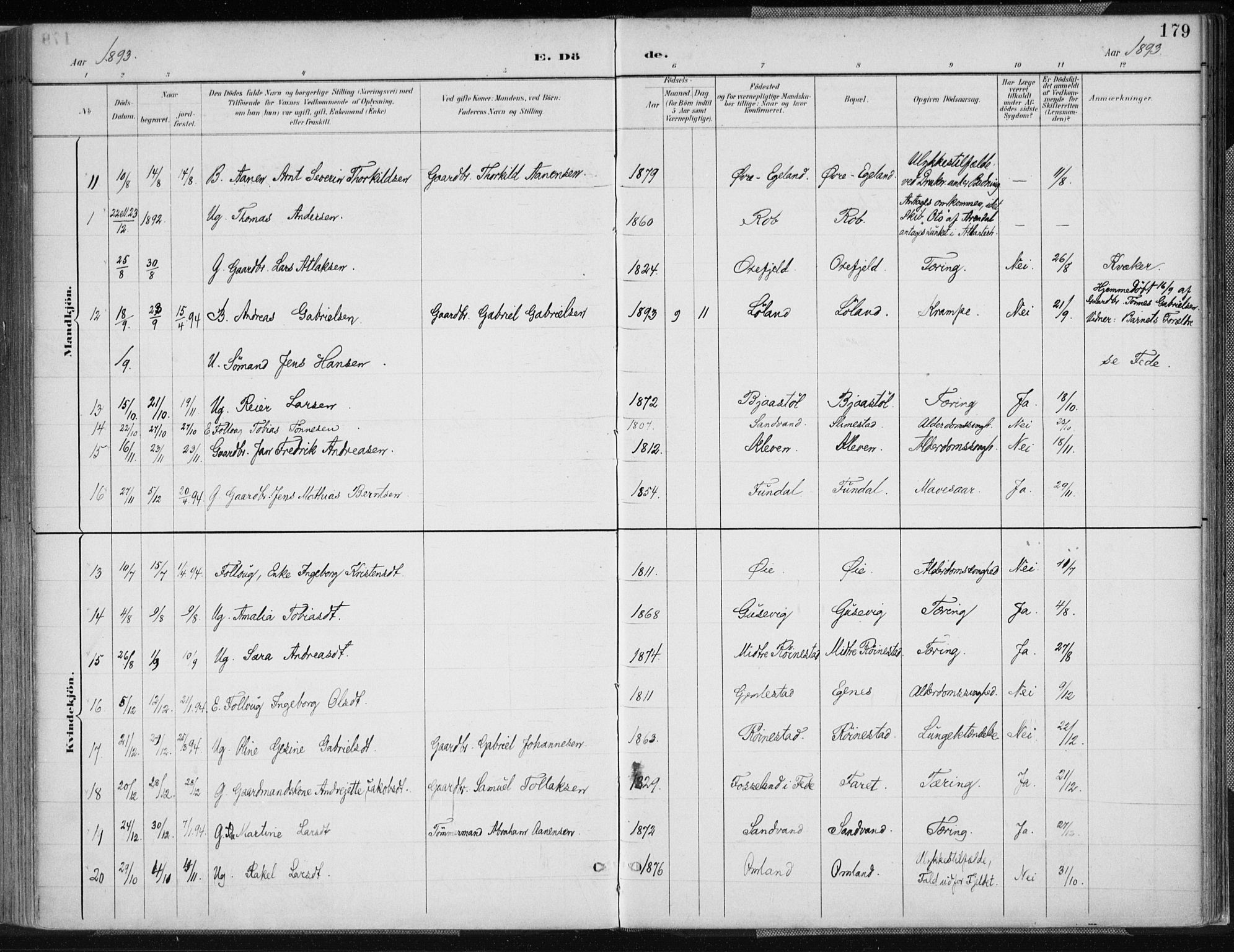 Kvinesdal sokneprestkontor, AV/SAK-1111-0026/F/Fa/Fab/L0008: Parish register (official) no. A 8, 1886-1897, p. 179