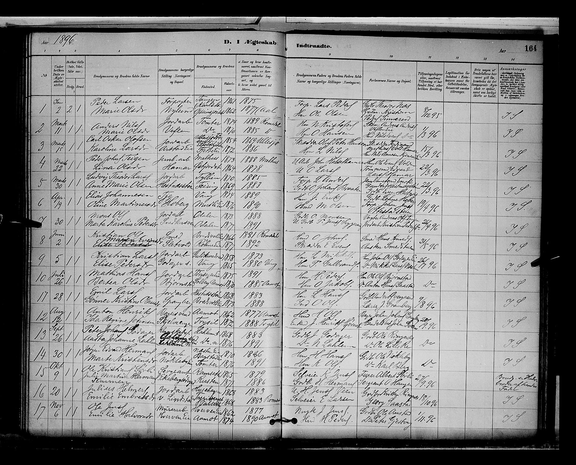 Stange prestekontor, AV/SAH-PREST-002/L/L0009: Parish register (copy) no. 9, 1883-1899, p. 164