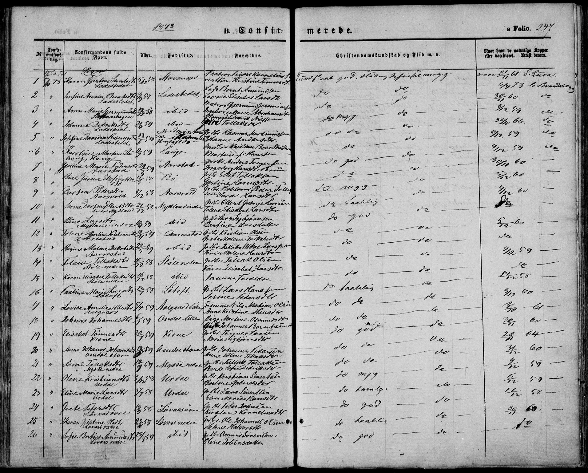 Sokndal sokneprestkontor, AV/SAST-A-101808: Parish register (official) no. A 9, 1857-1874, p. 247